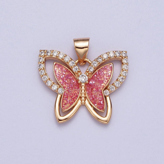 Gold grapefruit pink butterfly pendant, 18k gold plated clear micro paved cz sparkly pink butterflies mariposa charm | x-683