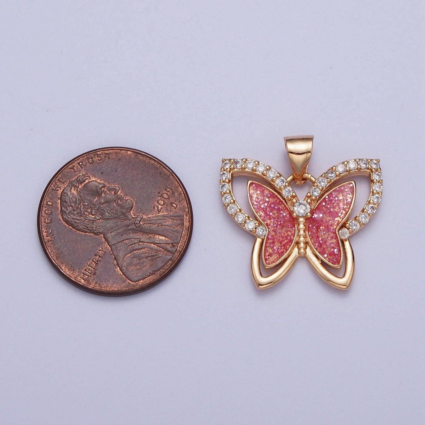 Gold grapefruit pink butterfly pendant, 18k gold plated clear micro paved cz sparkly pink butterflies mariposa charm | x-683