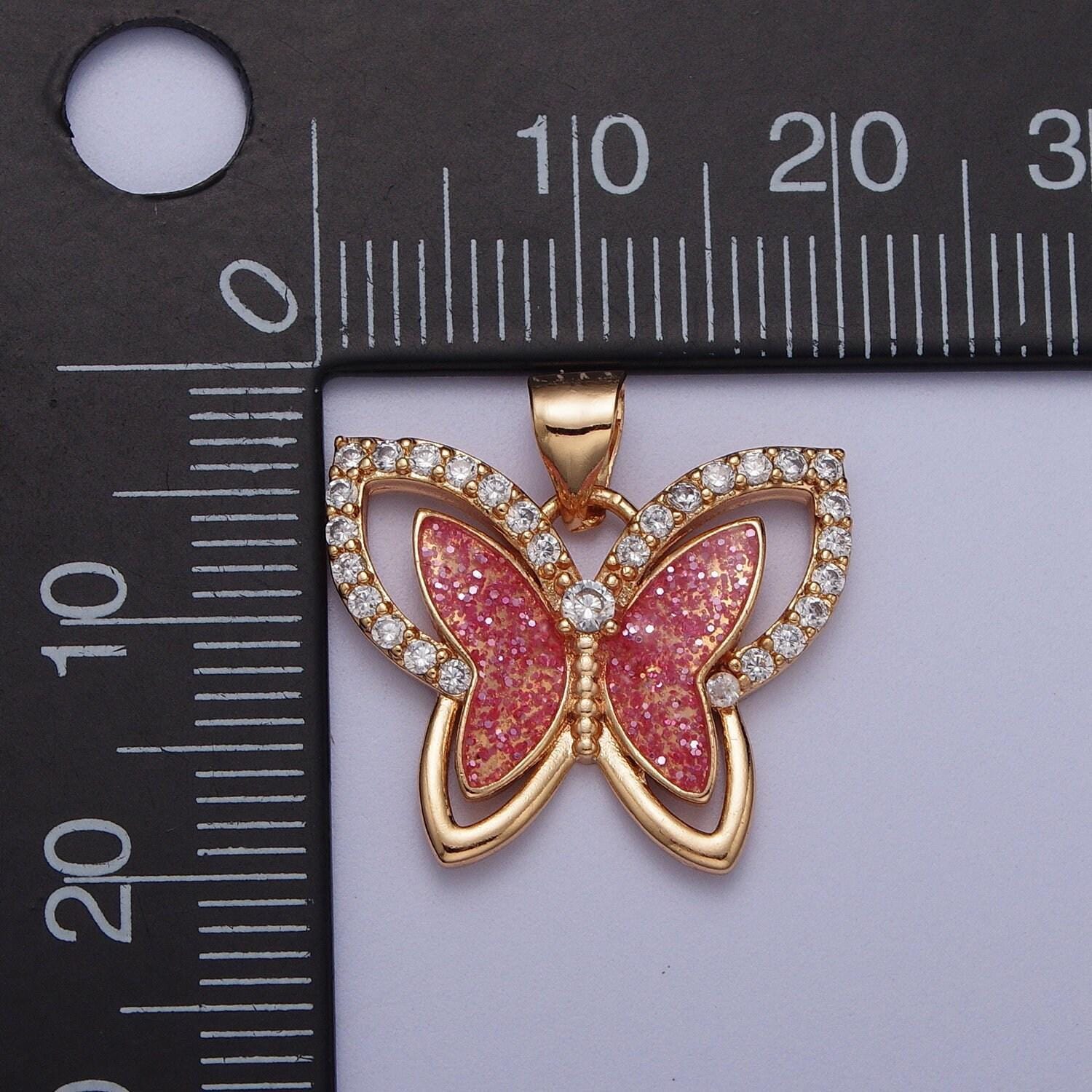 Gold grapefruit pink butterfly pendant, 18k gold plated clear micro paved cz sparkly pink butterflies mariposa charm | x-683