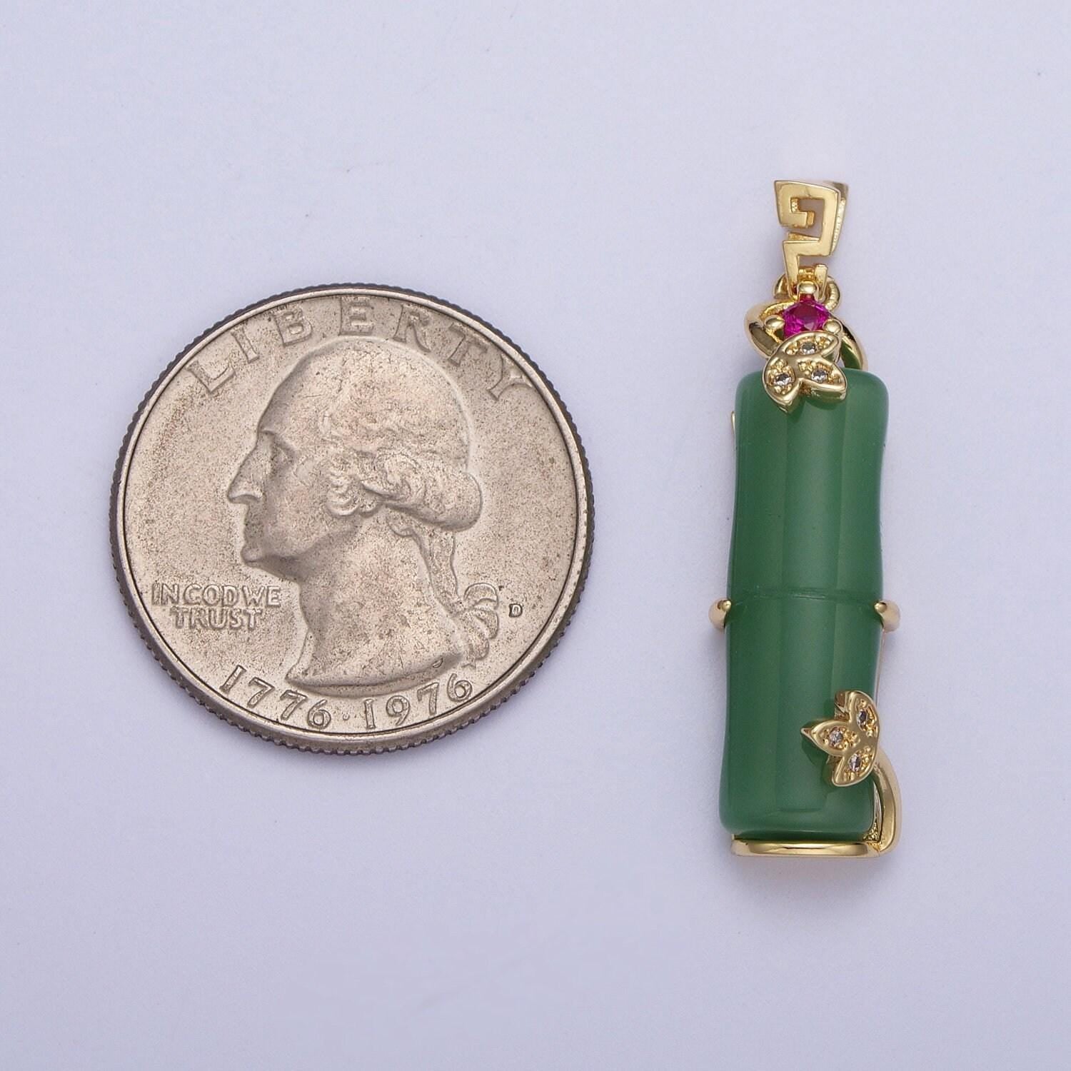 Gold green bamboo pendant, 24k gold plated micro paved cz unique bail bamboo leaf charm | x-676