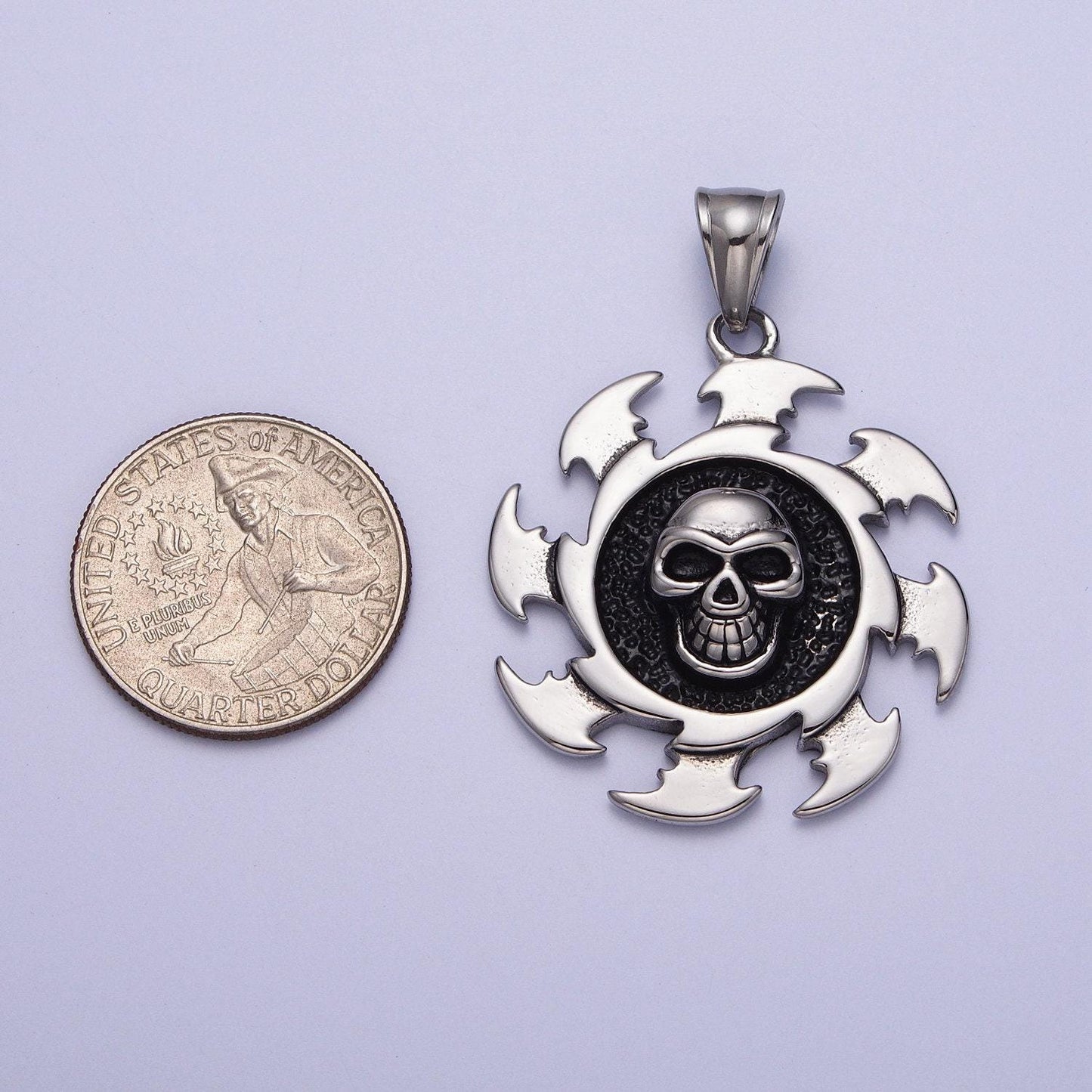 Silver skull gear charm - 35mm diameter - steampunk silver men necklace pendant stainless steel jewelry x659
