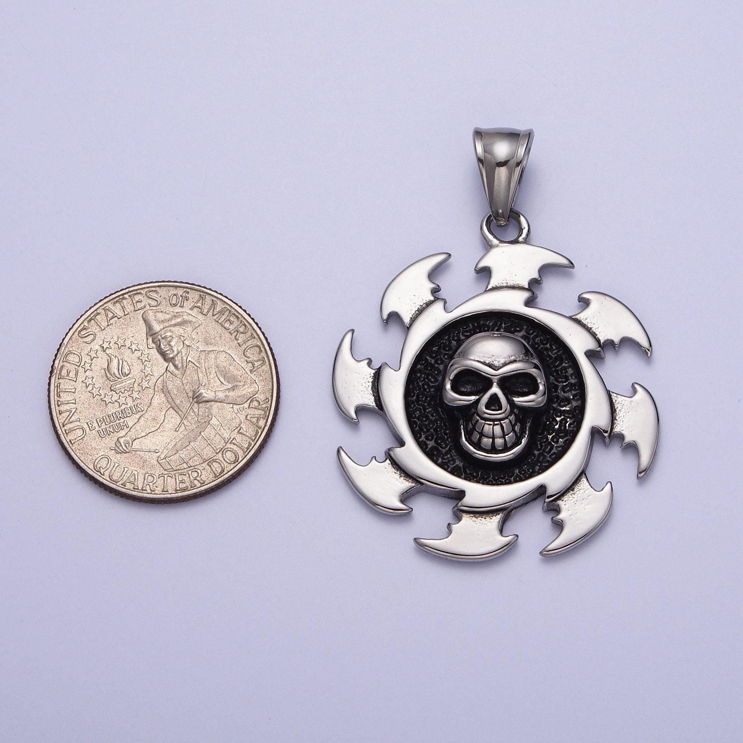 Silver skull gear charm - 35mm diameter - steampunk silver men necklace pendant stainless steel jewelry x659