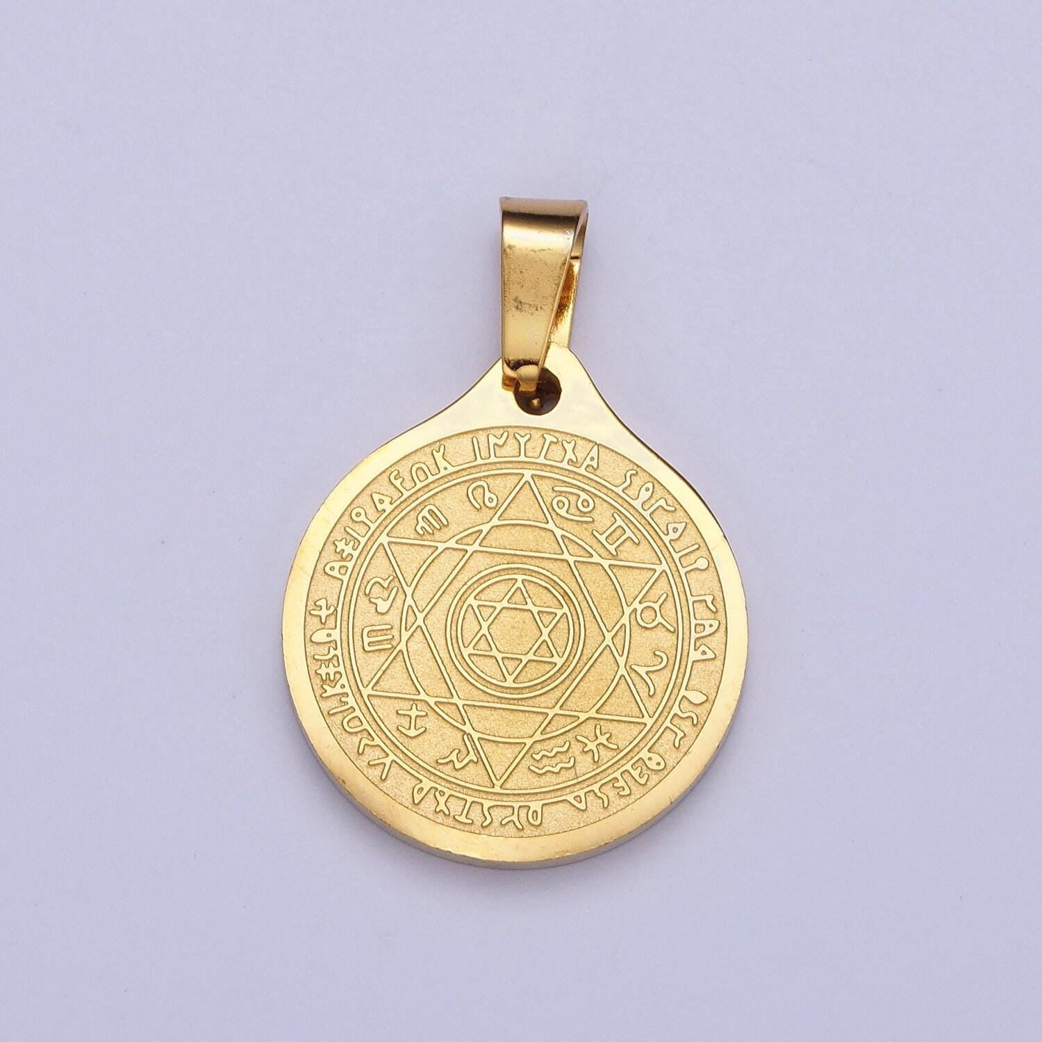 Gold zodiac signs & the 7 archangels of god in the star of david medallion pendant, 24k gold filled stainless steel religious charm | x-656