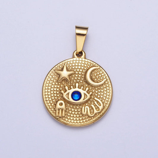 Gold blue cz evil eye celestial medallion pendant, 24k gold filled stainless steel moon star micro paved cz eye of ra coin charm | x-651