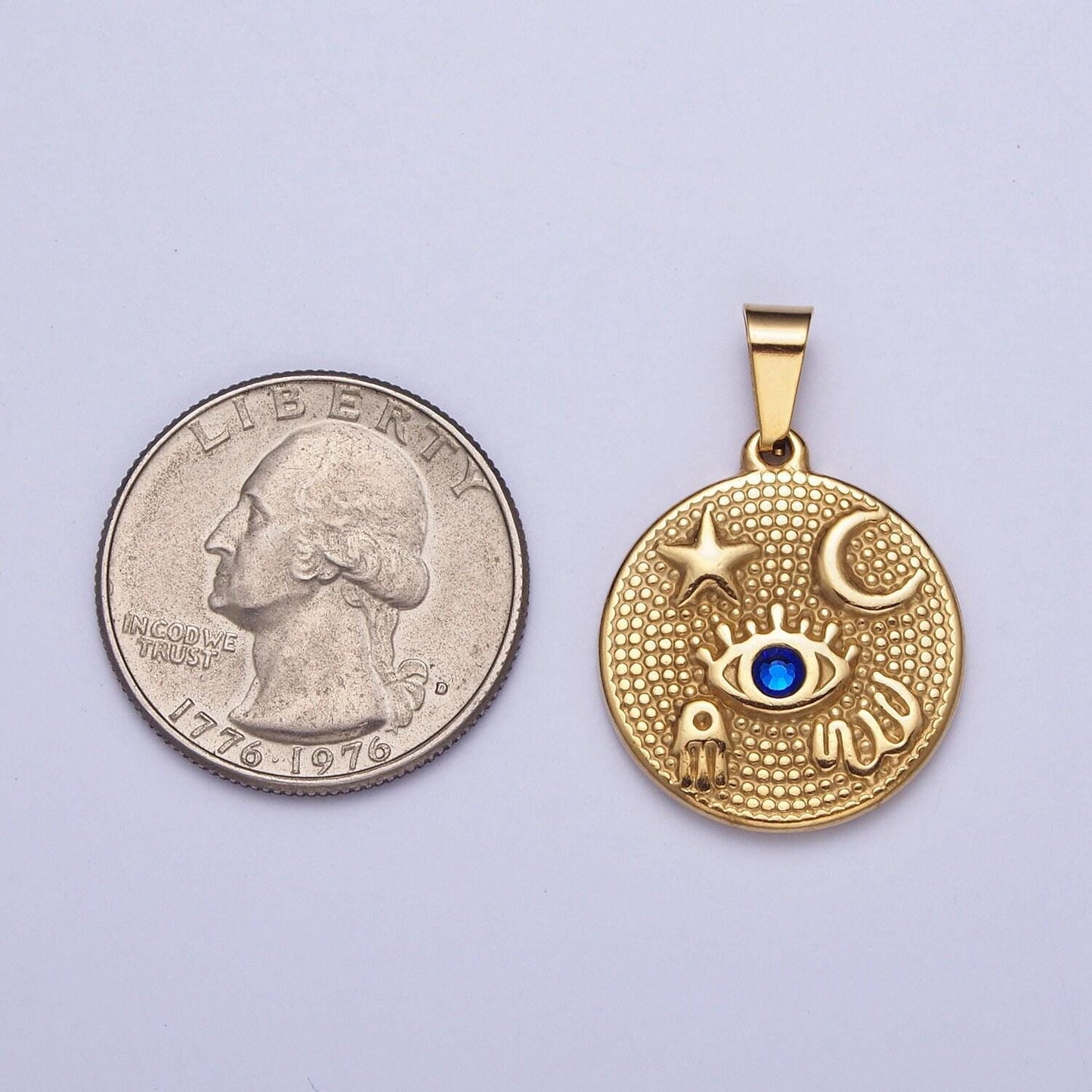Gold blue cz evil eye celestial medallion pendant, 24k gold filled stainless steel moon star micro paved cz eye of ra coin charm | x-651