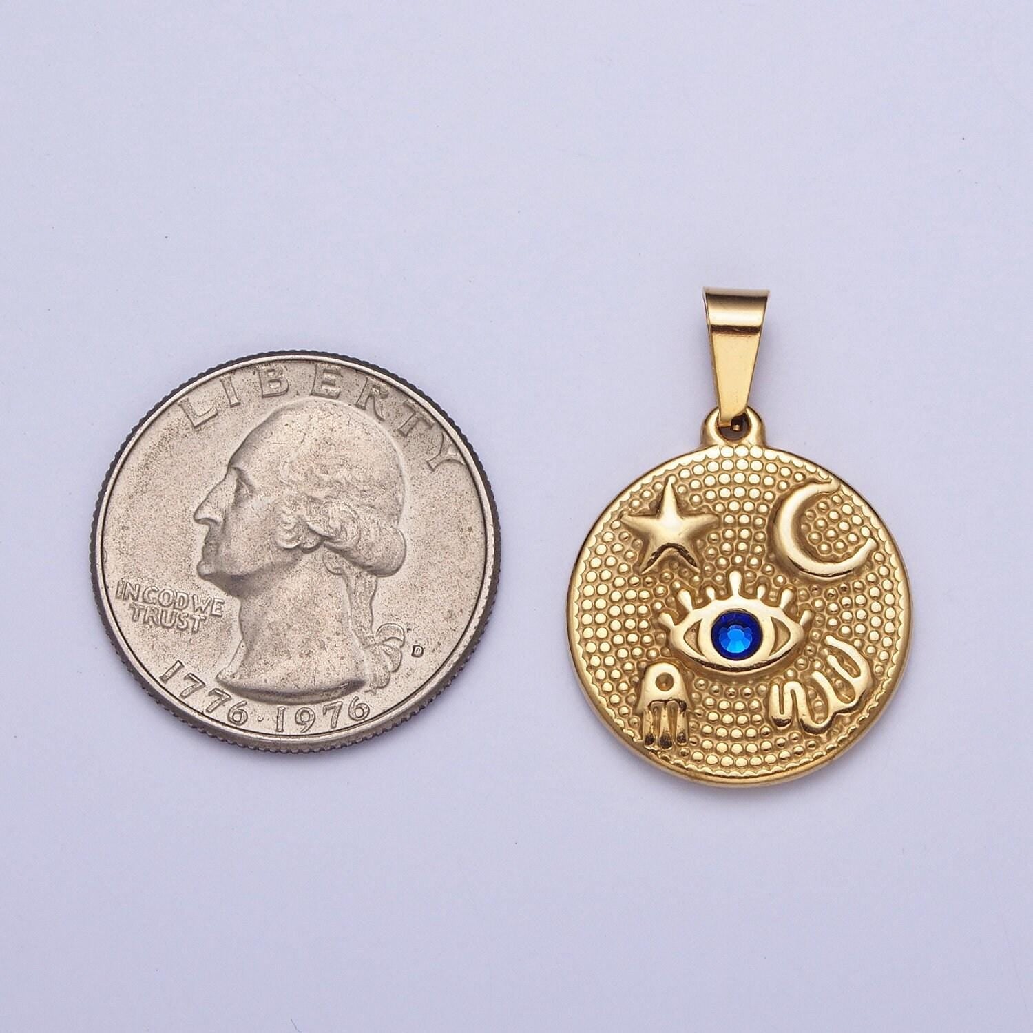 Gold blue cz evil eye celestial medallion pendant, 24k gold filled stainless steel moon star micro paved cz eye of ra coin charm | x-651