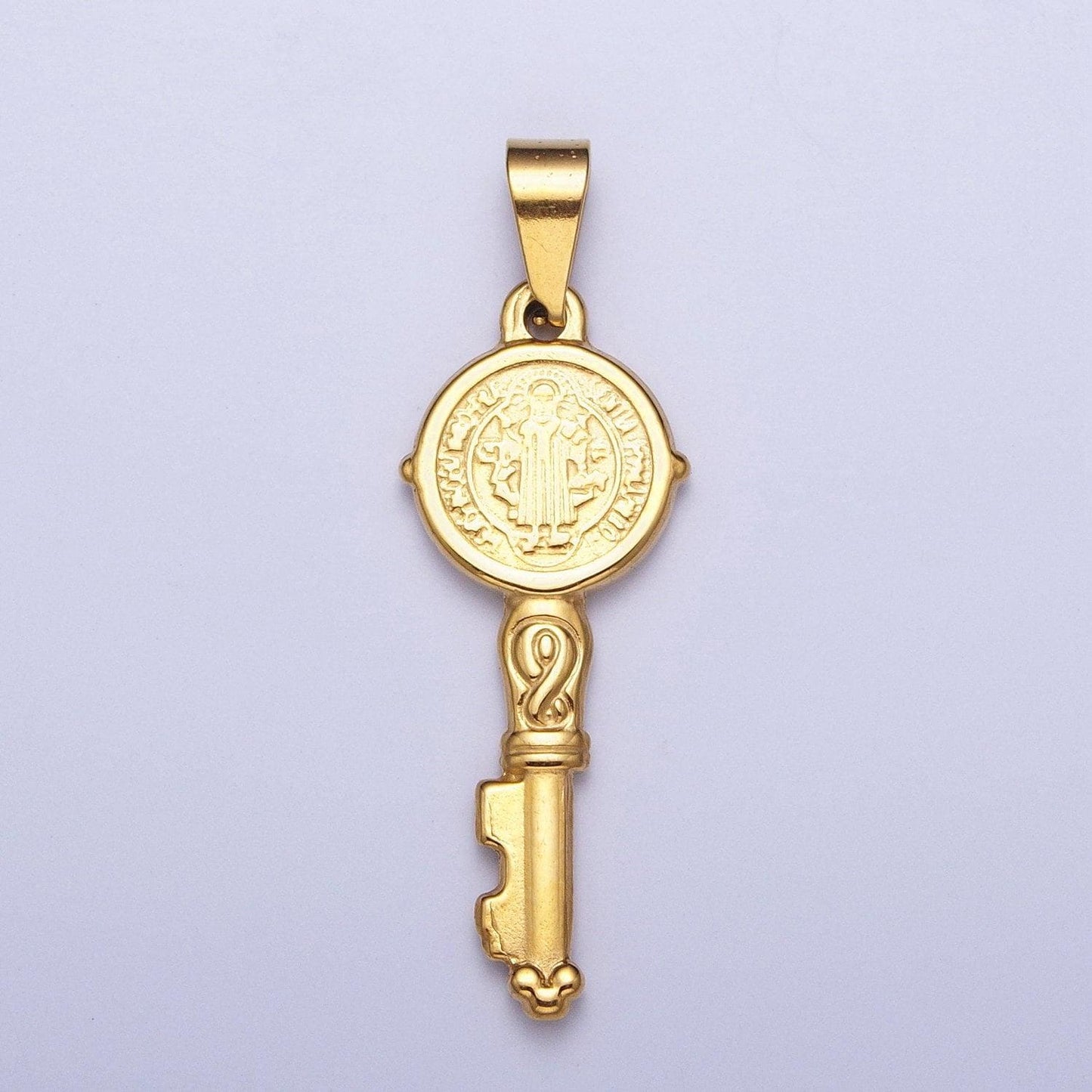 Gold st. benedict key pendant, 24k gold filled embossed san benito simple key charm | x-647