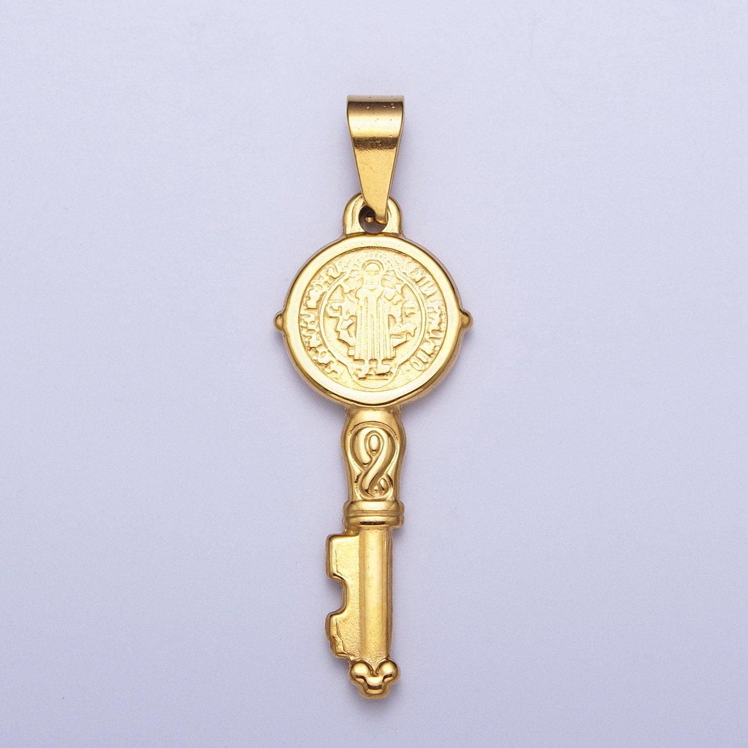 Gold st. benedict key pendant, 24k gold filled embossed san benito simple key charm | x-647