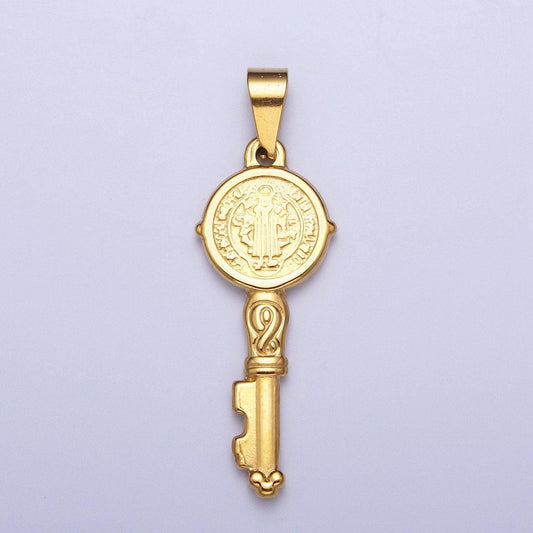 Gold st. benedict key pendant, 24k gold filled embossed san benito simple key charm | x-647