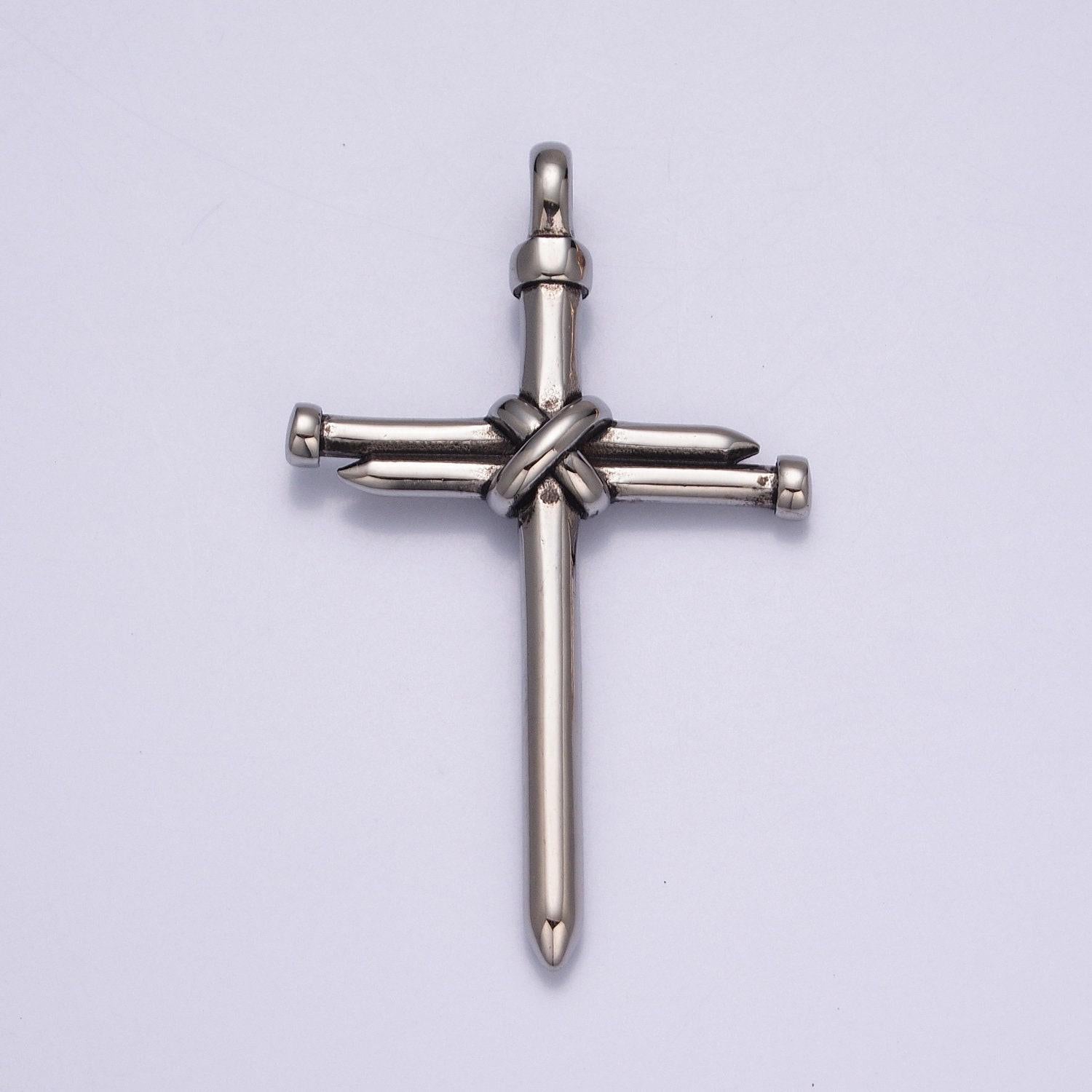 Stainless steel gold, silver minimalist center tied nails cross pendant, for diy religious jewelry european charms bracelet | x-641, x-642