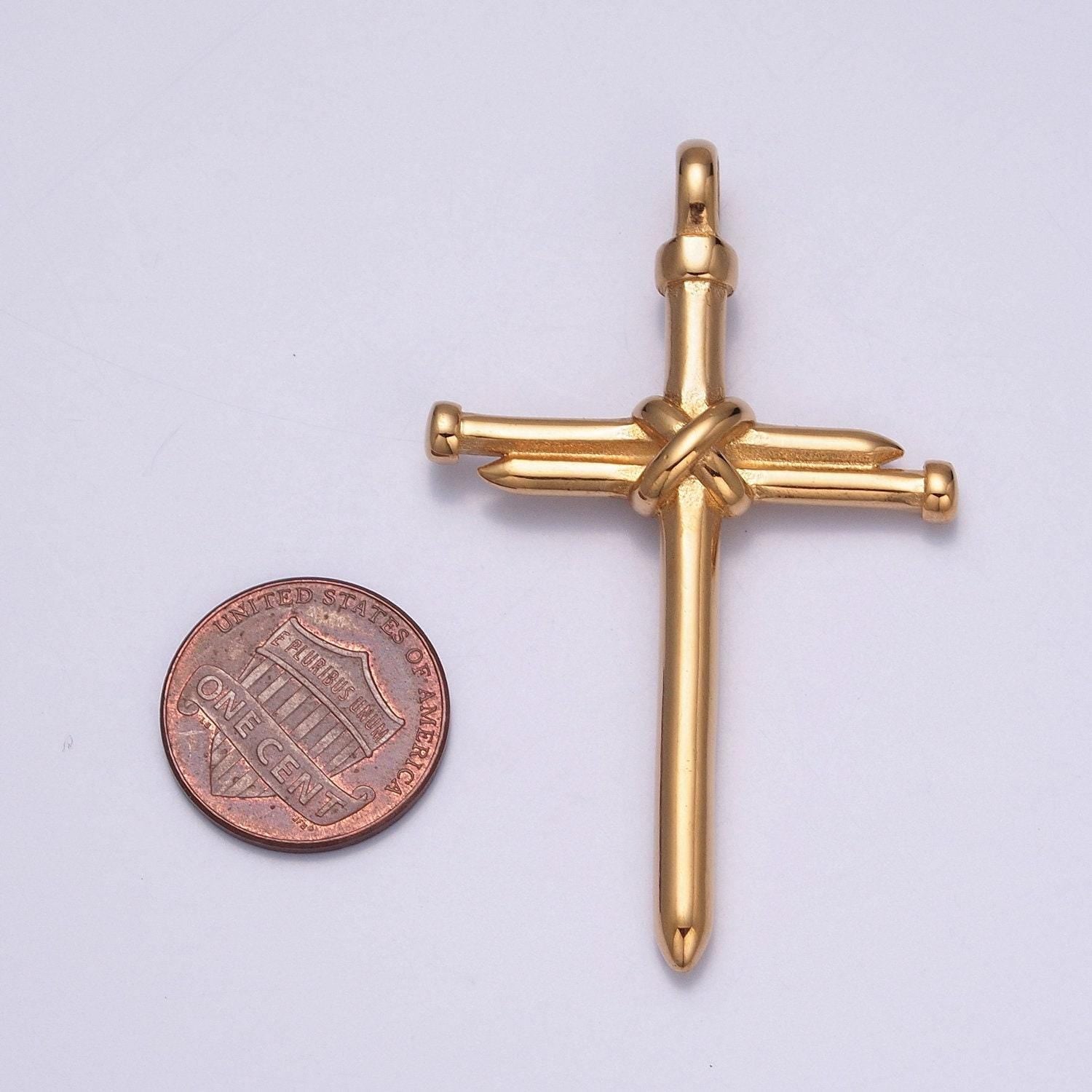 Stainless steel gold, silver minimalist center tied nails cross pendant, for diy religious jewelry european charms bracelet | x-641, x-642