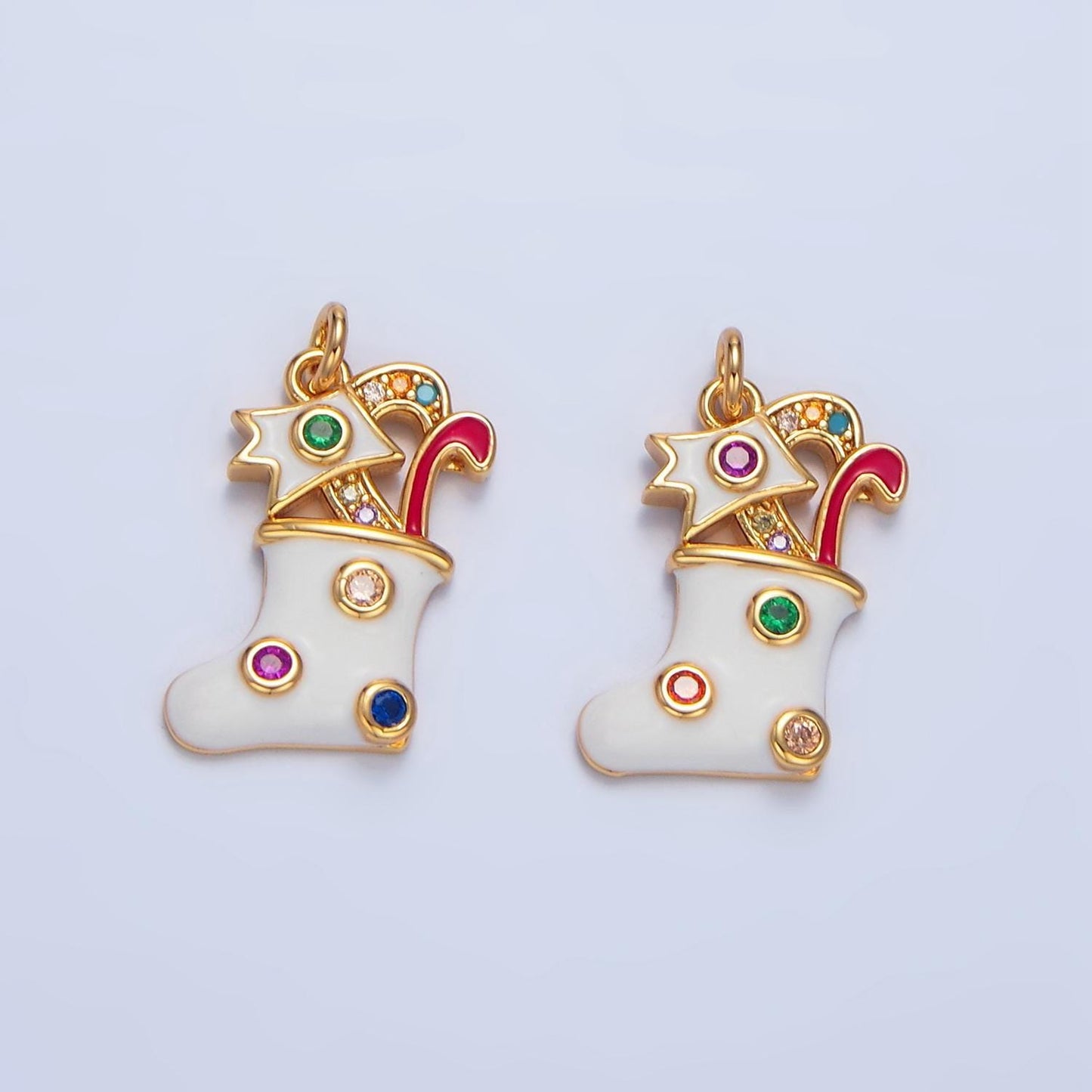 White christmas stocking mixture of cz colors gold filled enamel charm | x-622