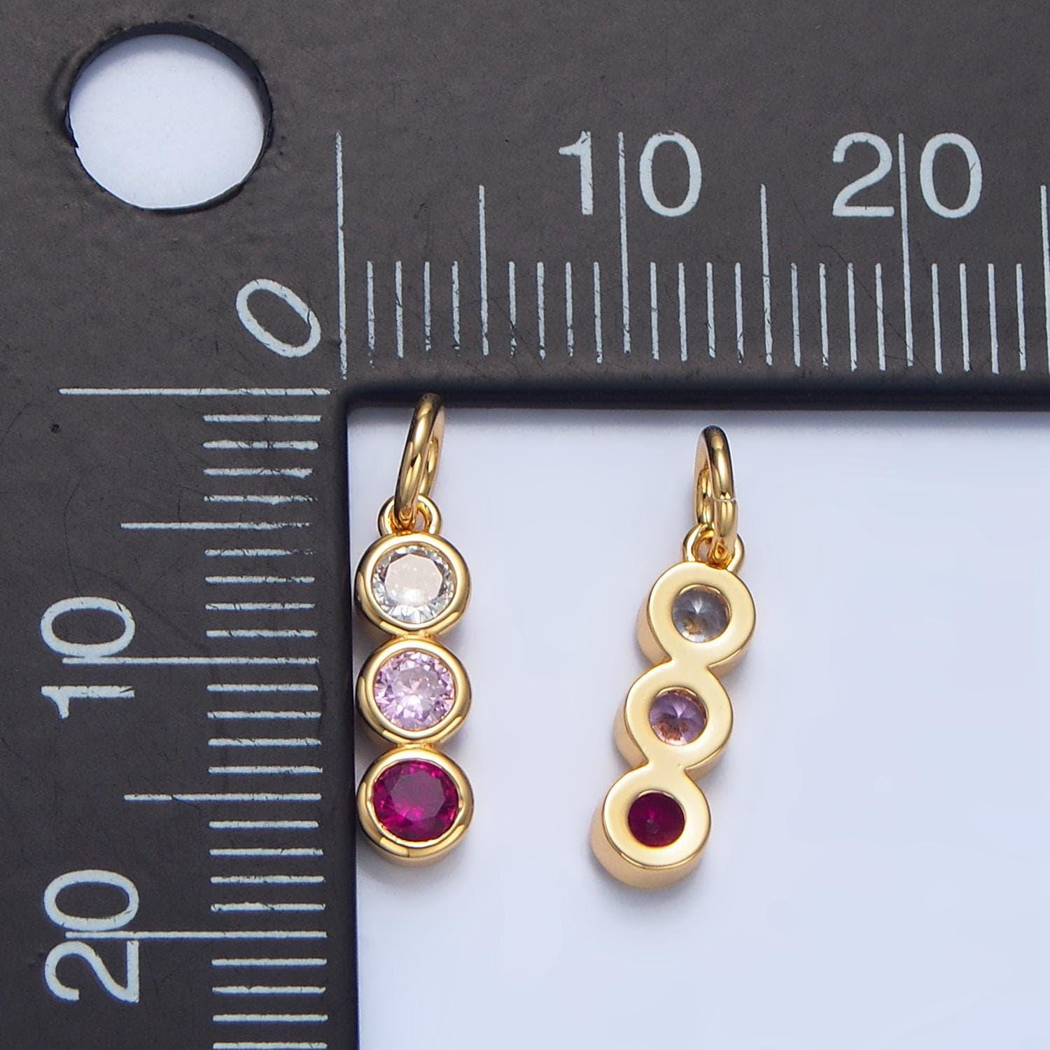 Pink round cz triple linear 24k gold filled charm | x-616