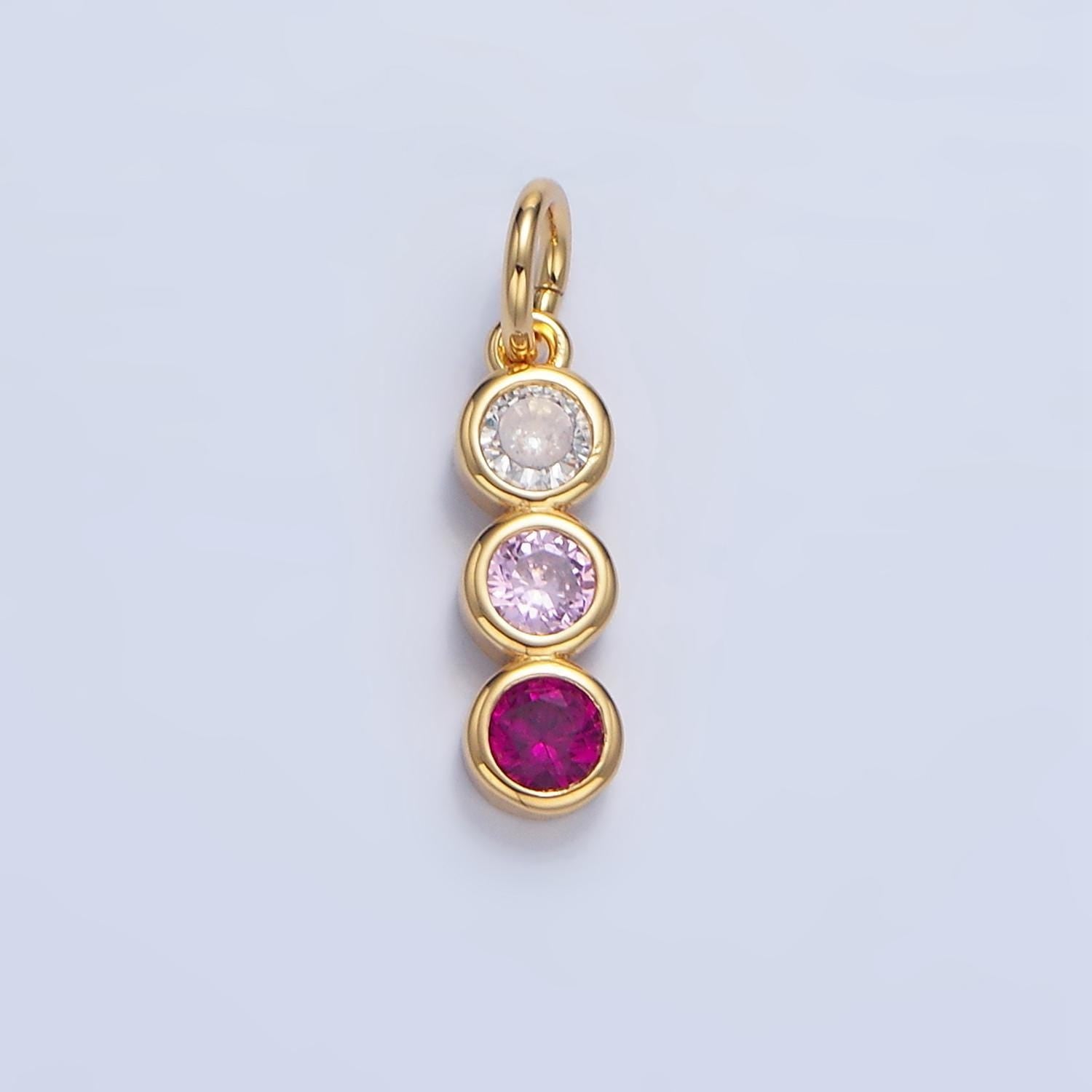 Pink round cz triple linear 24k gold filled charm | x-616