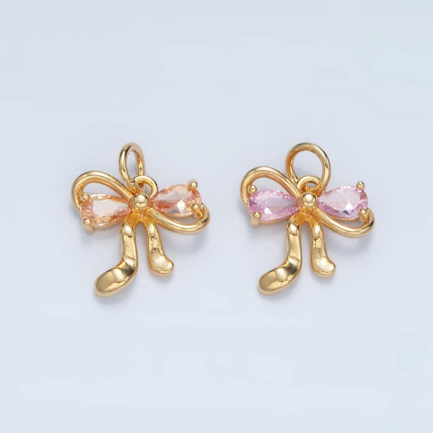 Clear, purple, peach and pink cz double loop mini ribbon bow gold filled charm | x-563