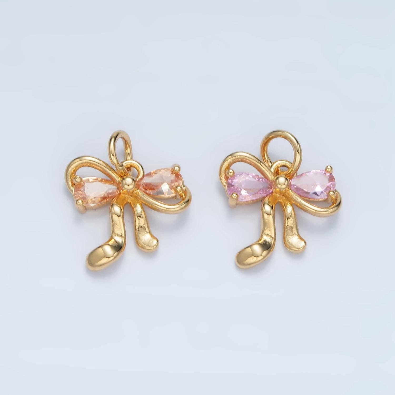 Clear, purple, peach and pink cz double loop mini ribbon bow gold filled charm | x-563