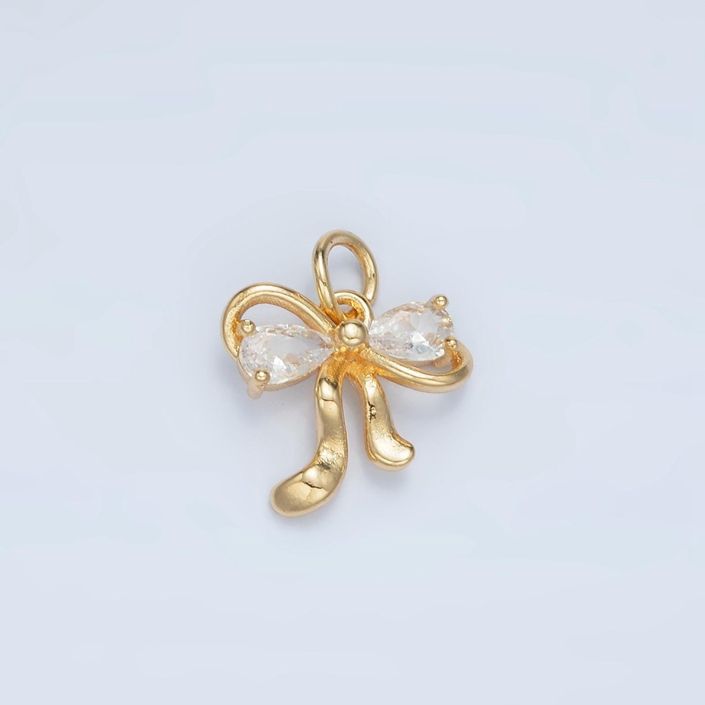 Clear, purple, peach and pink cz double loop mini ribbon bow gold filled charm | x-563