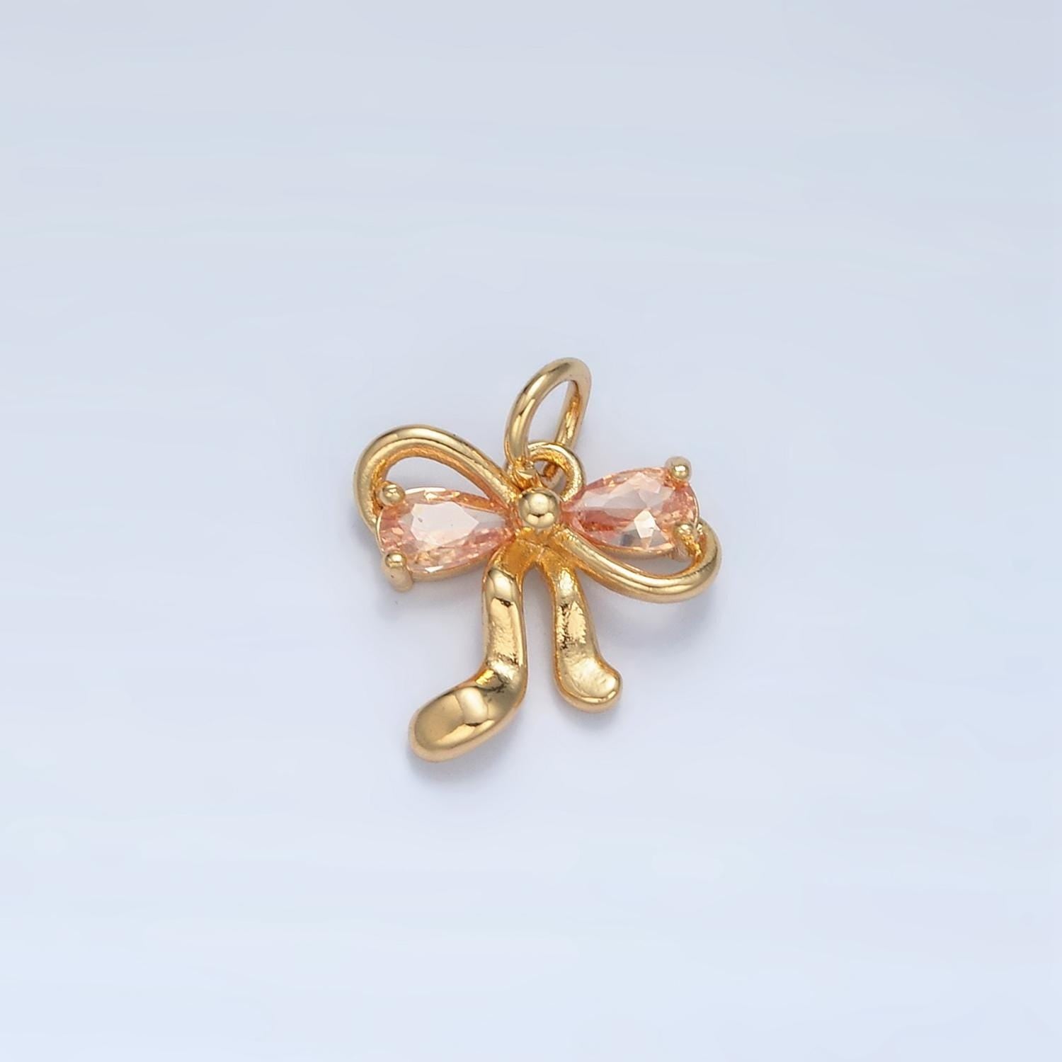 Clear, purple, peach and pink cz double loop mini ribbon bow gold filled charm | x-563