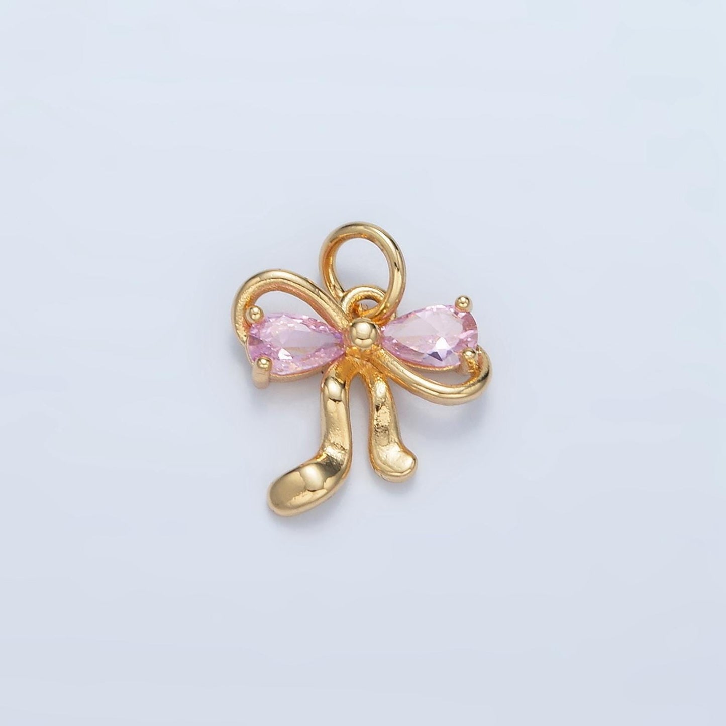 Clear, purple, peach and pink cz double loop mini ribbon bow gold filled charm | x-563