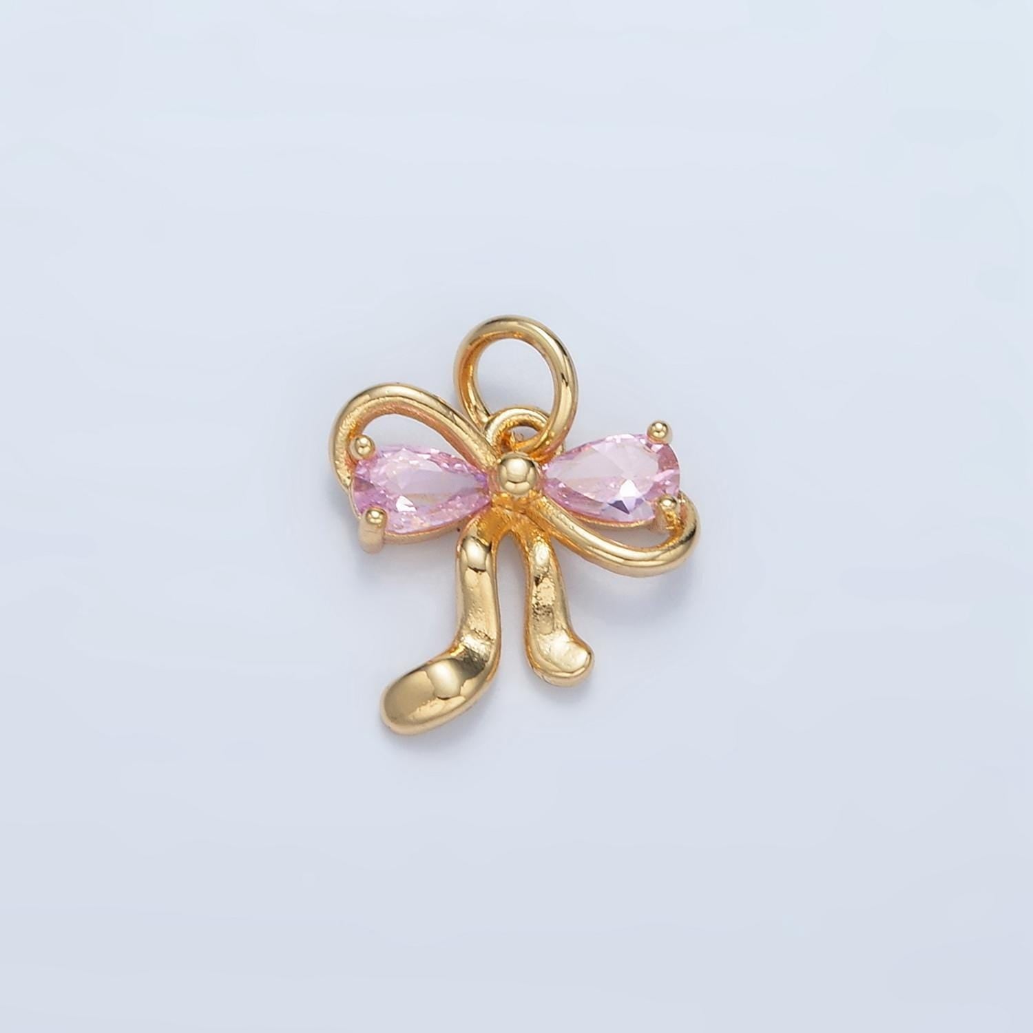 Clear, purple, peach and pink cz double loop mini ribbon bow gold filled charm | x-563