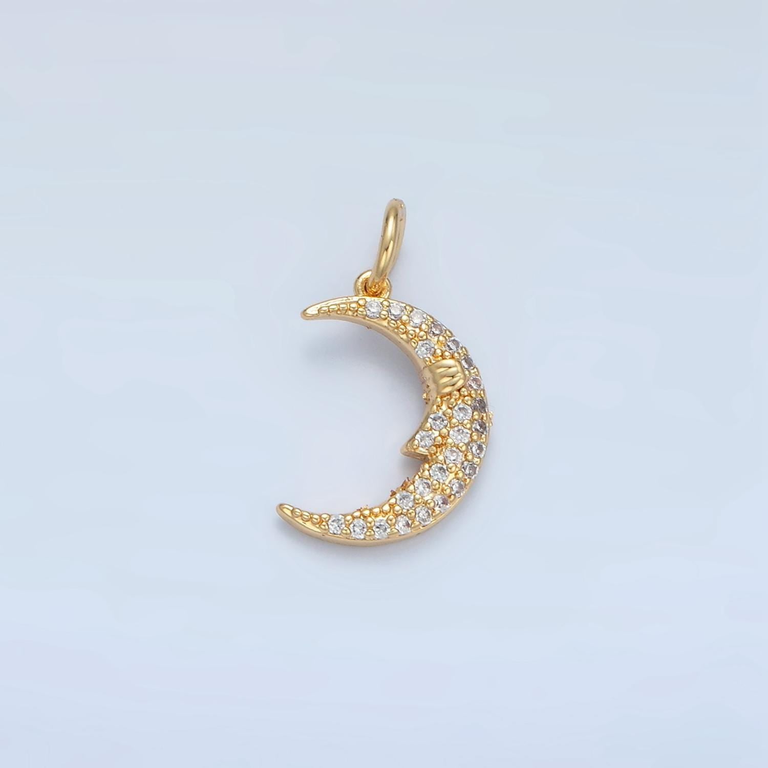 Crescent moon face micro paved cz gold filled celestial charm | x-554