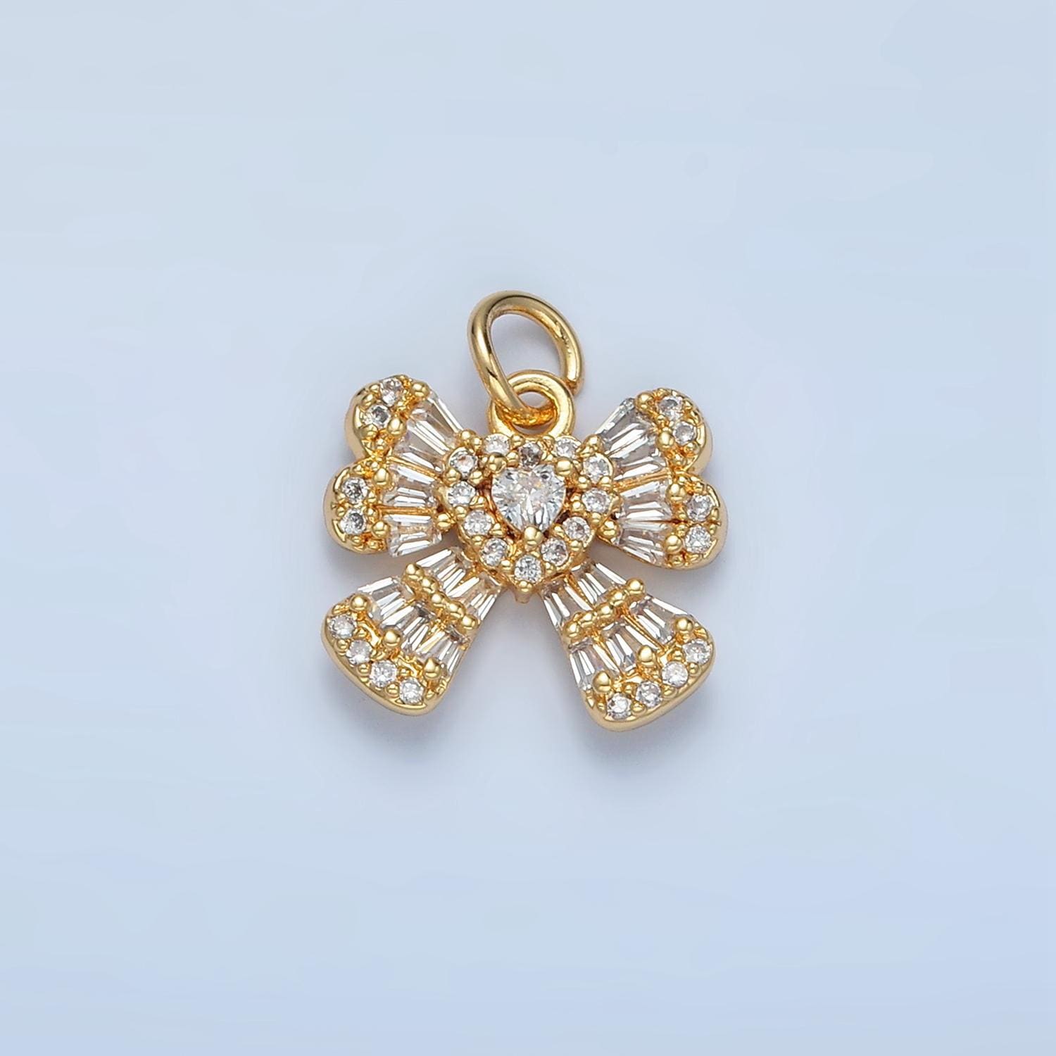 Mini cz paved baguette heart ribbon gold filled charm | x-553
