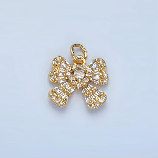 Mini cz paved baguette heart ribbon gold filled charm | x-553