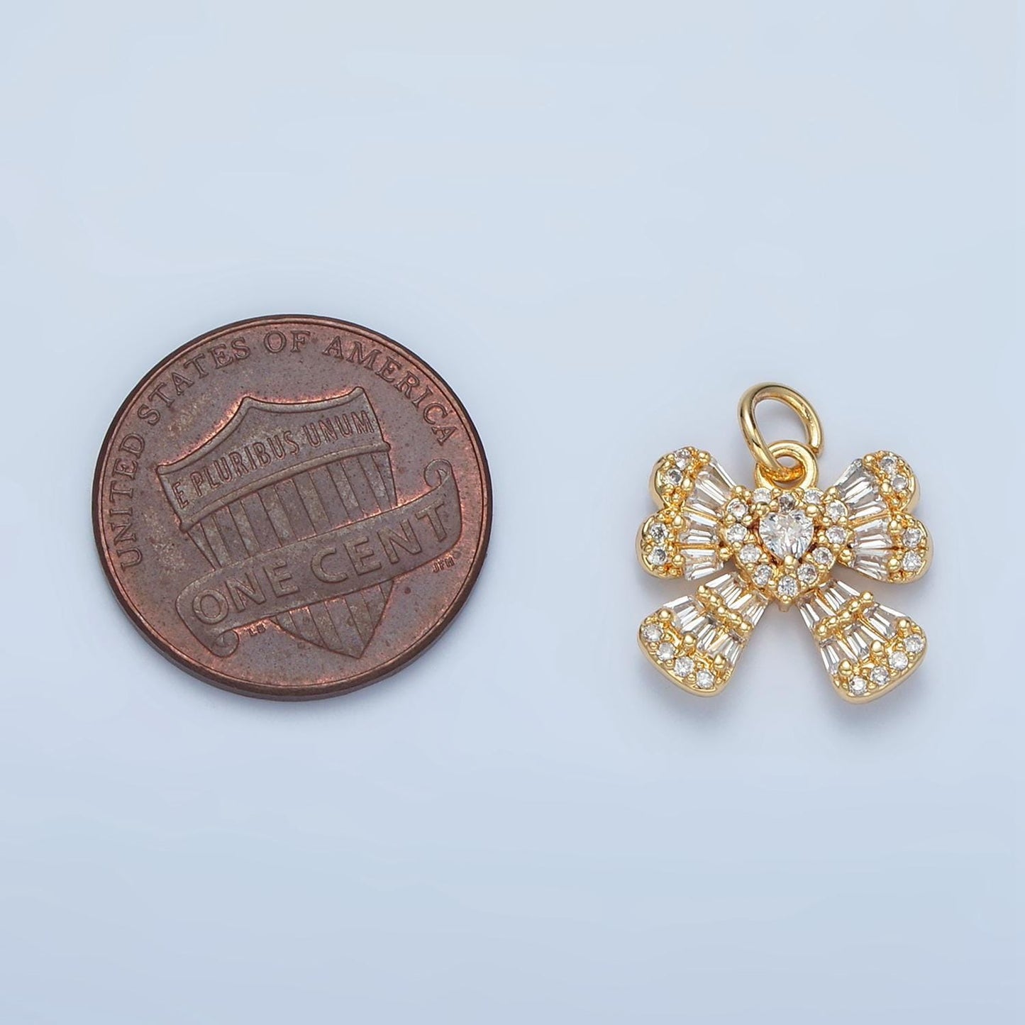 Mini cz paved baguette heart ribbon gold filled charm | x-553