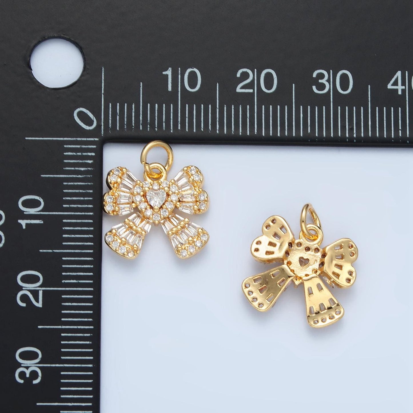 Mini cz paved baguette heart ribbon gold filled charm | x-553
