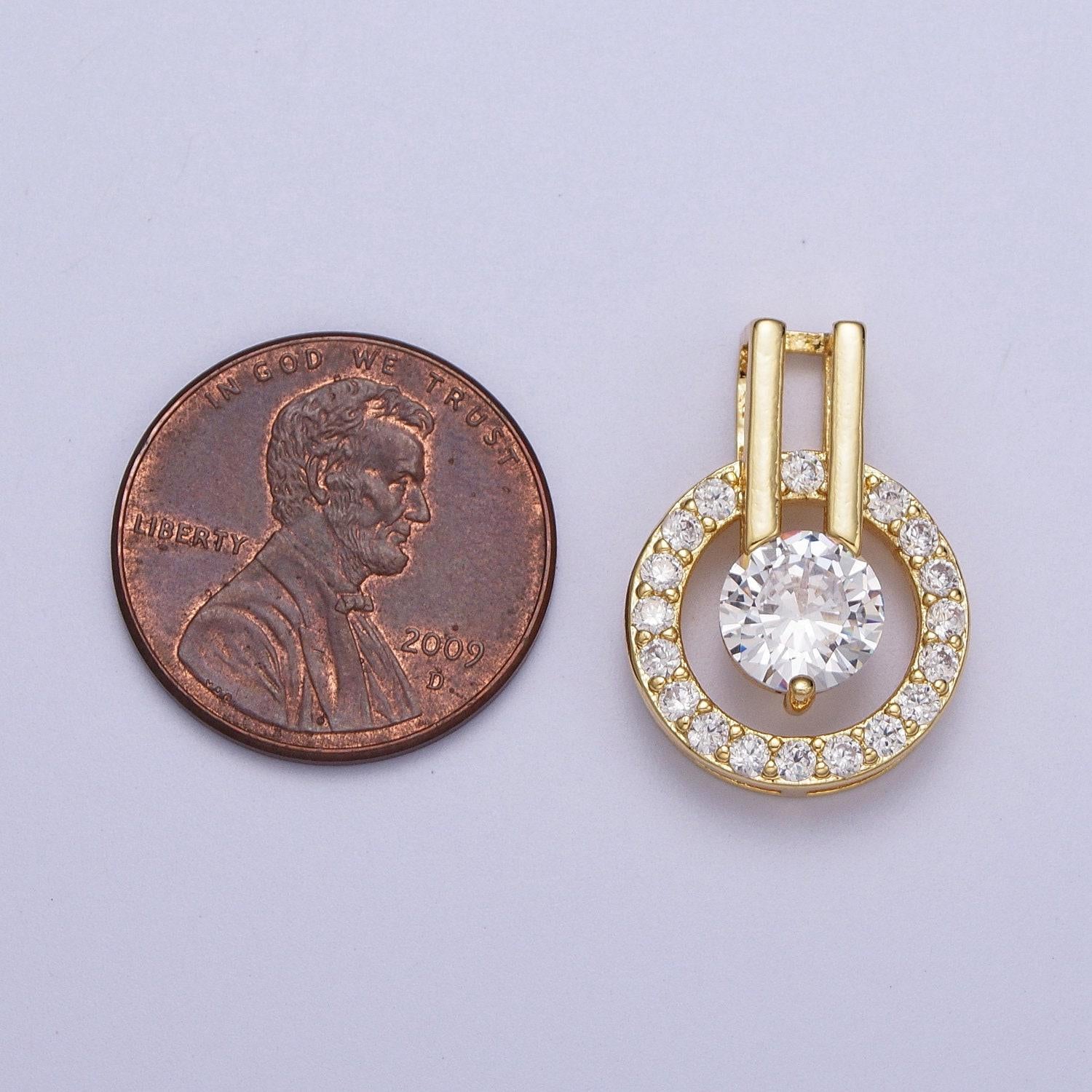 Round gold cz cubic zirconia double bar bail pendant, 24k gold plated micro paved clear cz double circles charm | x-546