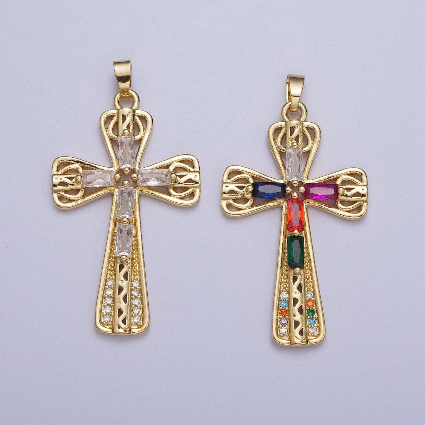 Gold decorative cz cross pendant, 24k gold plated colorful micro paved cz baguette stones religious cross charm | x-544, x-545