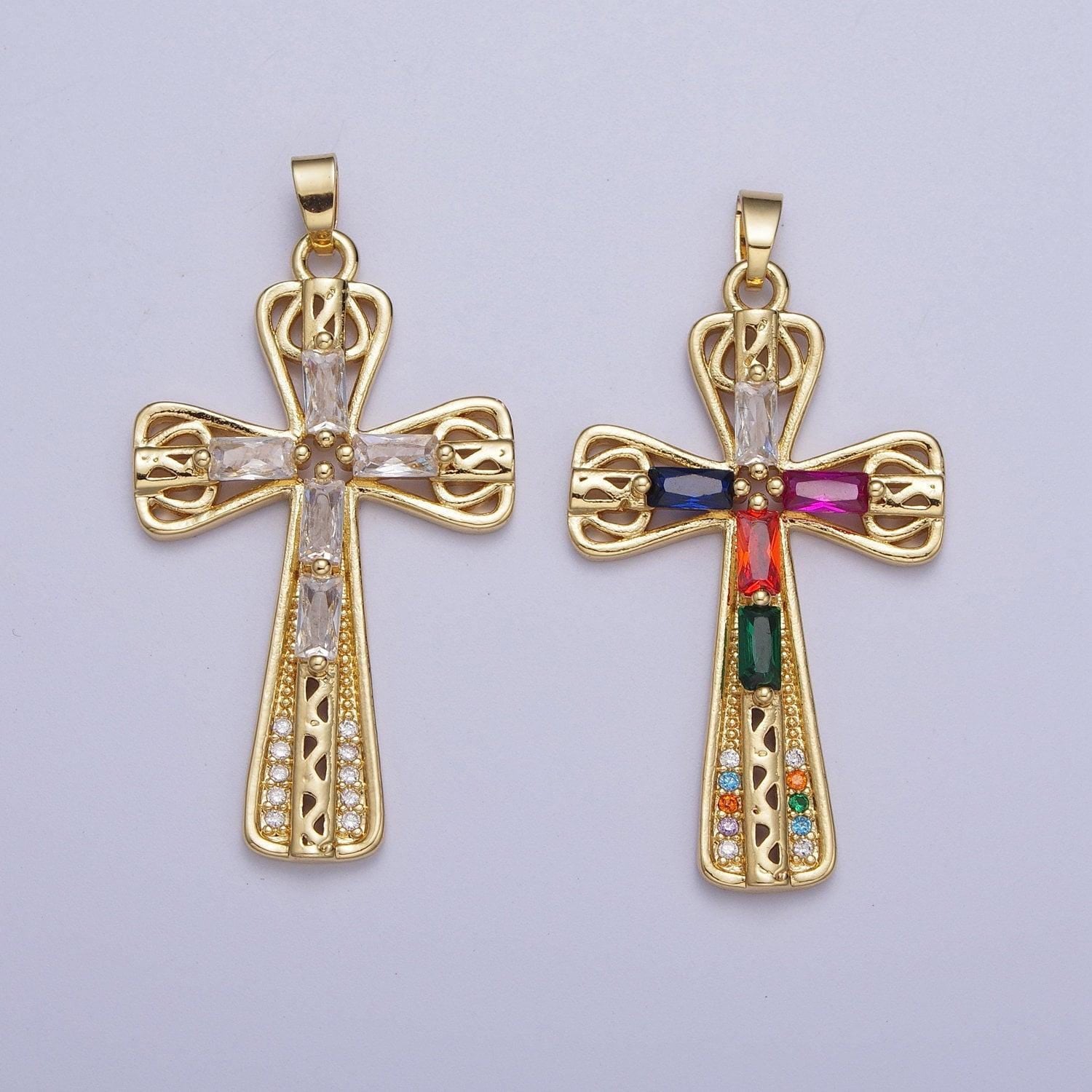 Gold decorative cz cross pendant, 24k gold plated colorful micro paved cz baguette stones religious cross charm | x-544, x-545