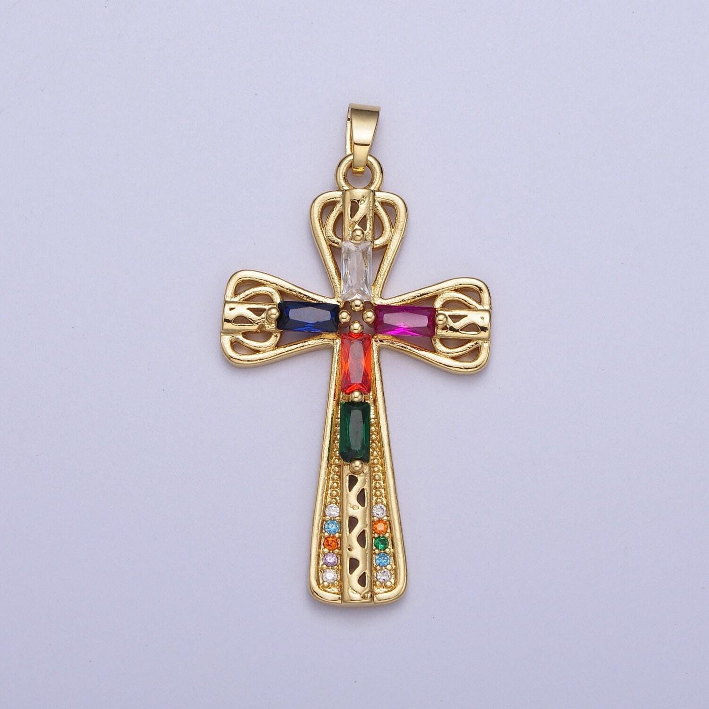 Gold decorative cz cross pendant, 24k gold plated colorful micro paved cz baguette stones religious cross charm | x-544, x-545