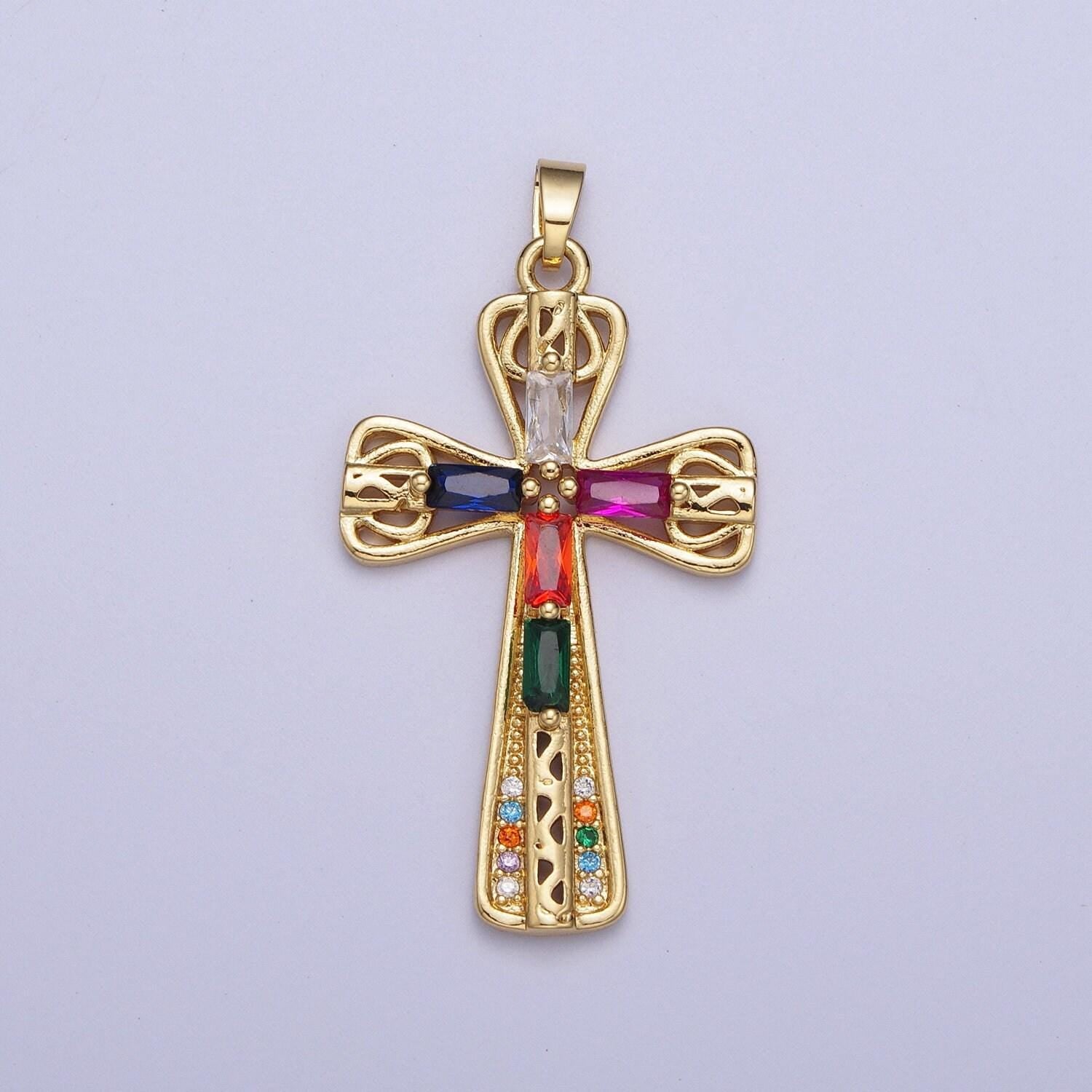 Gold decorative cz cross pendant, 24k gold plated colorful micro paved cz baguette stones religious cross charm | x-544, x-545