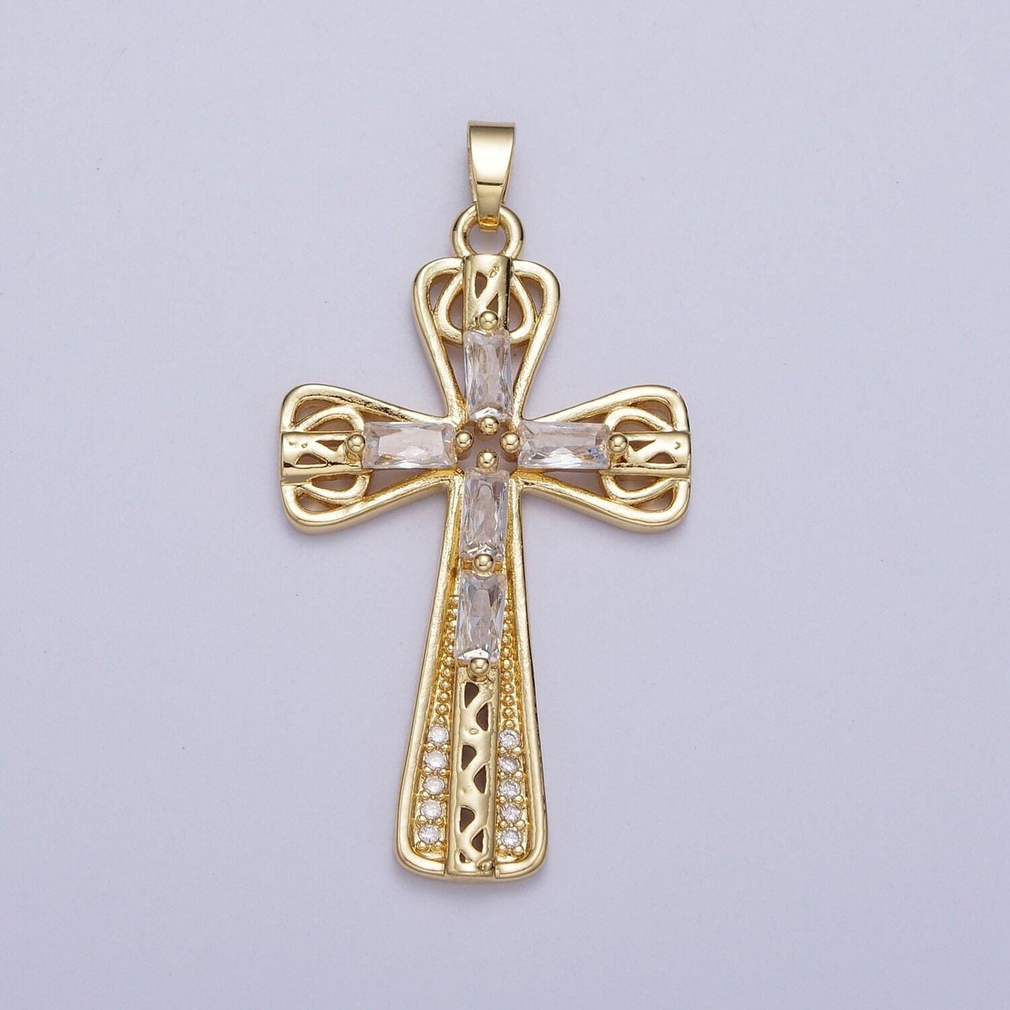 Gold decorative cz cross pendant, 24k gold plated colorful micro paved cz baguette stones religious cross charm | x-544, x-545