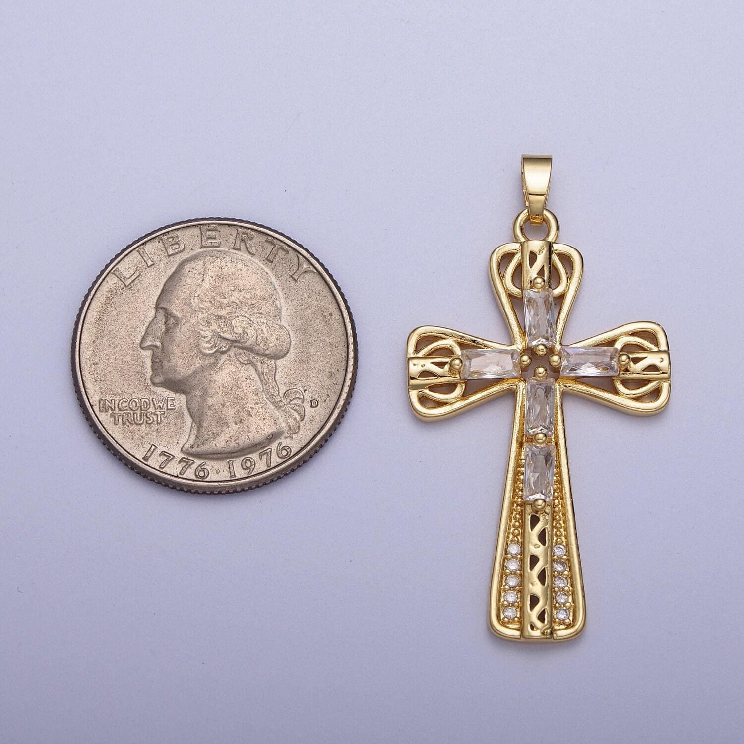 Gold decorative cz cross pendant, 24k gold plated colorful micro paved cz baguette stones religious cross charm | x-544, x-545
