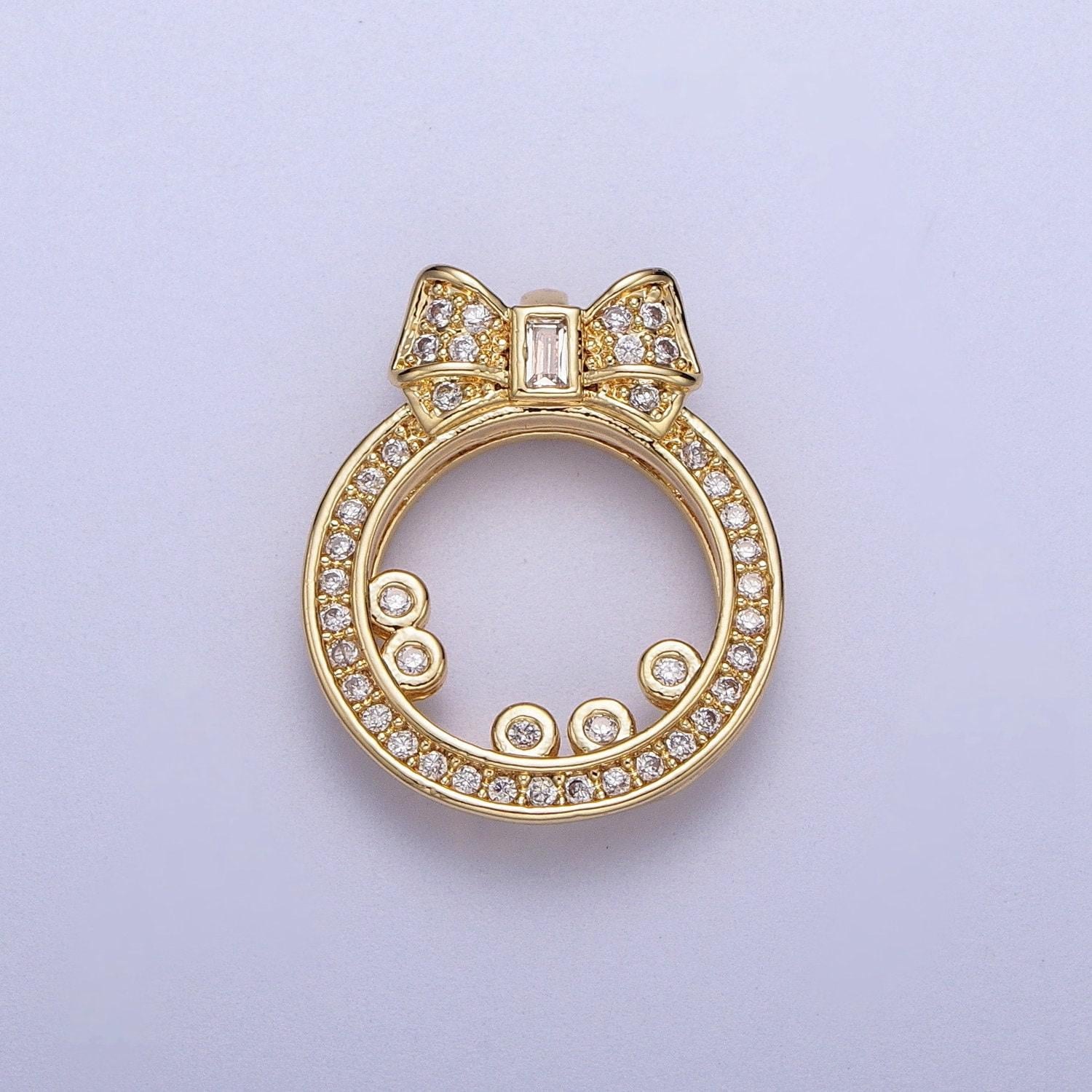 Gold cz open round baguette ribbon pendant, 24k gold plated circle round charm w. clear micro paved cz bow charm | x-543