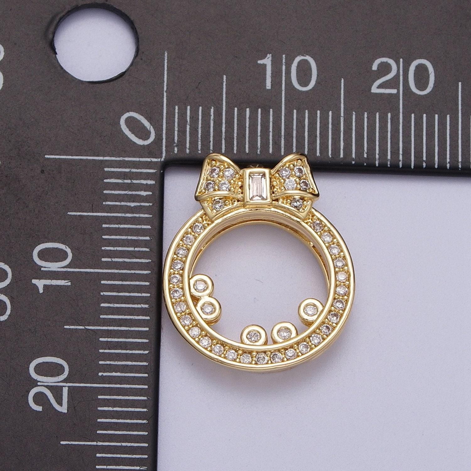 Gold cz open round baguette ribbon pendant, 24k gold plated circle round charm w. clear micro paved cz bow charm | x-543