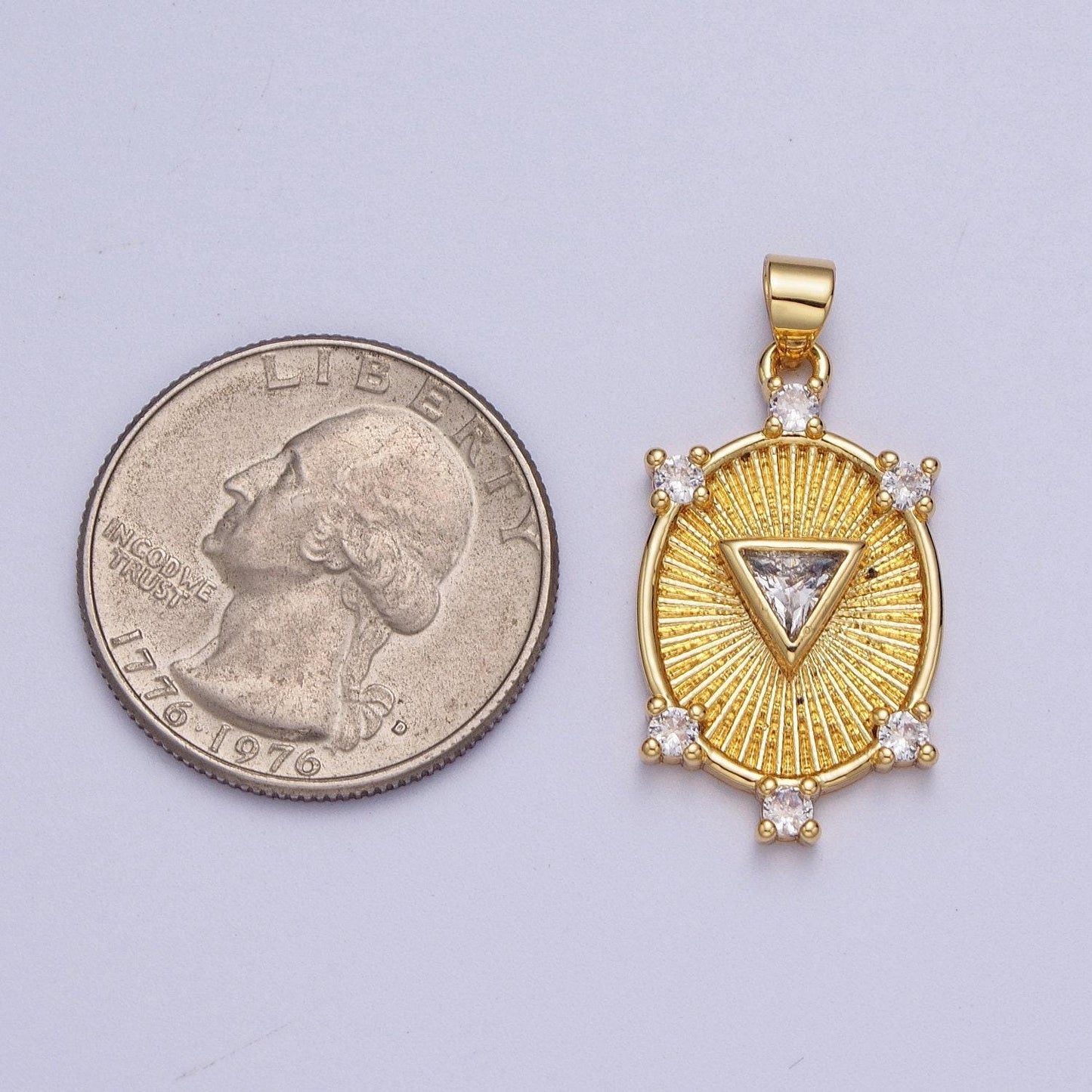 Gold cz sunburst oval pendant, 24k gold clear micro paved triangle cut center cz sunburst shining patterned oval medallion charm | x-540
