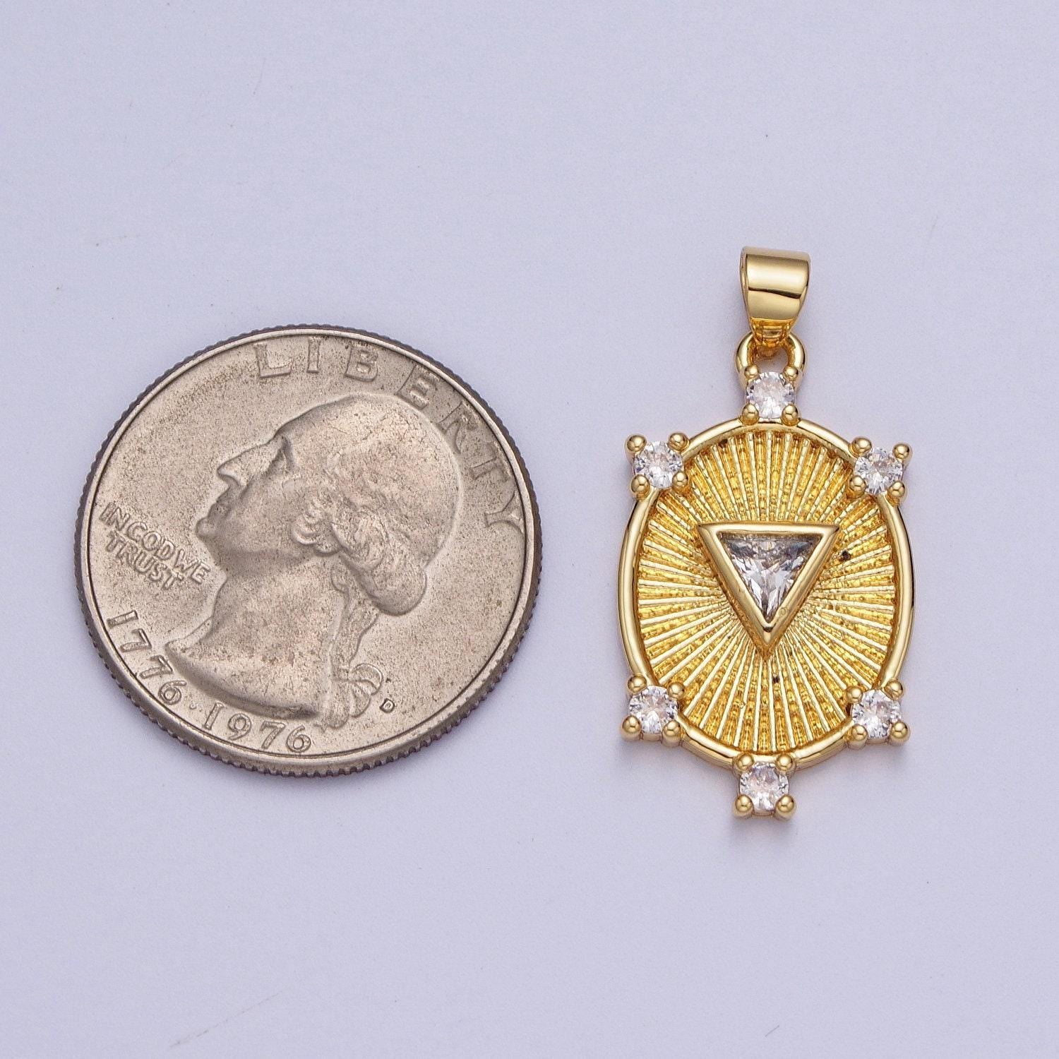Gold cz sunburst oval pendant, 24k gold clear micro paved triangle cut center cz sunburst shining patterned oval medallion charm | x-540