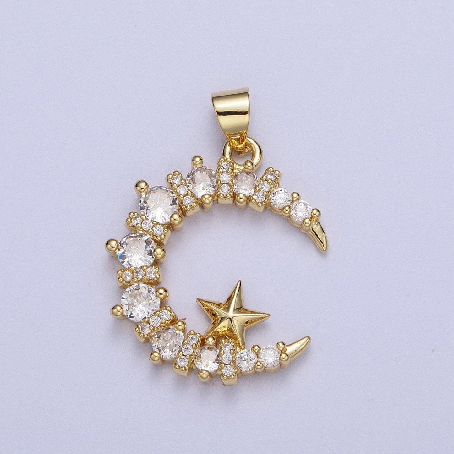 Gold cz moon and star pendant, 24k gold plated celestial moon star croissant cut micro paved cz charm | x-533