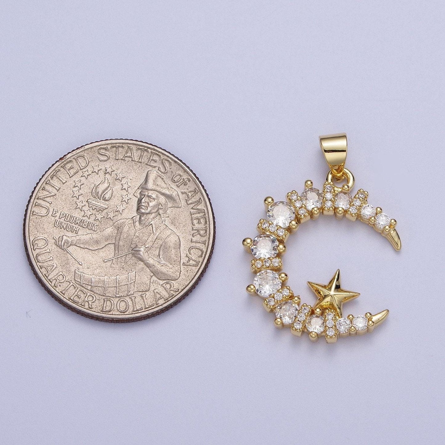 Gold cz moon and star pendant, 24k gold plated celestial moon star croissant cut micro paved cz charm | x-533
