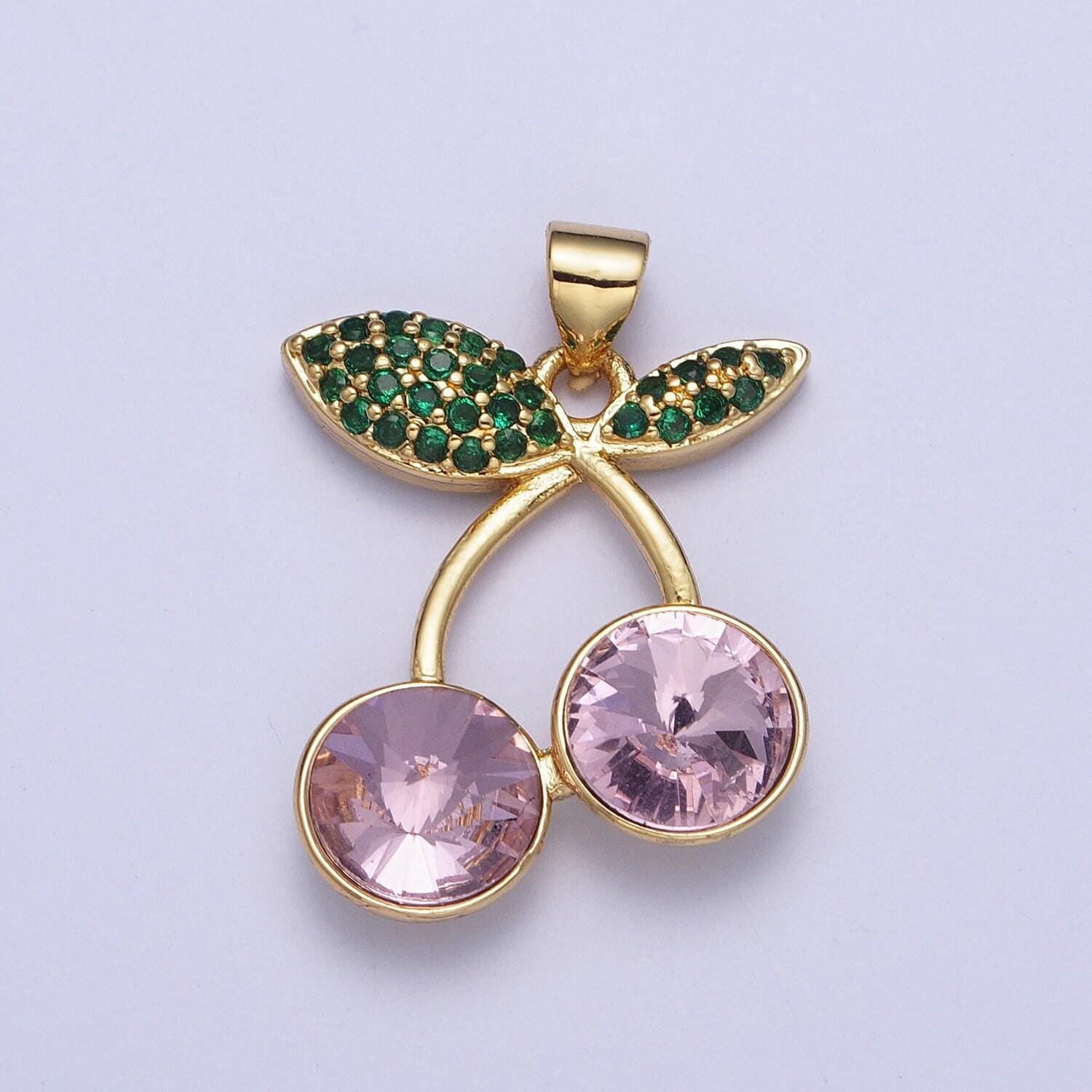 24k gold filled cherry pendant micro cubic zirconia cz pave stones, multicolor fruit charm for diy jewelry making | x-409~x-414, x-530