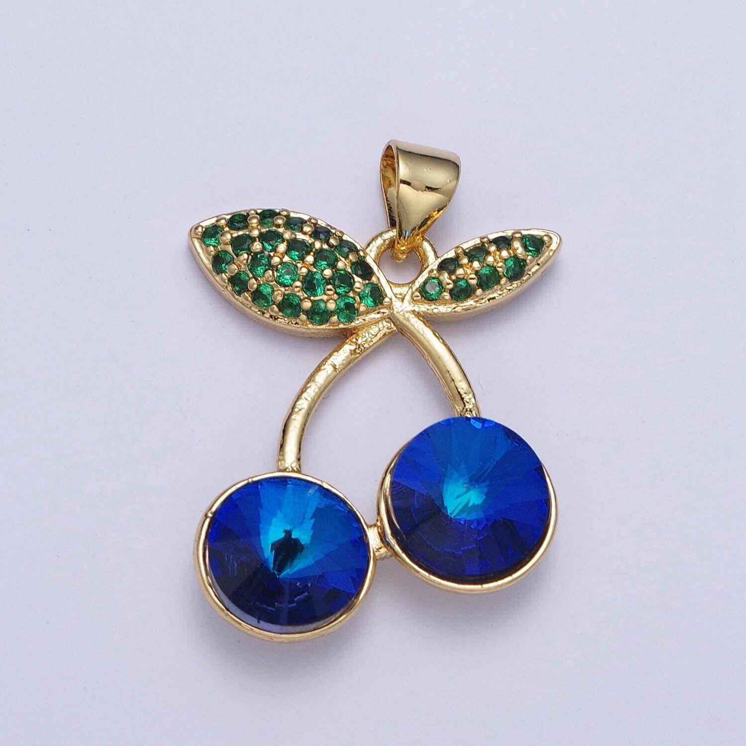 24k gold filled cherry pendant micro cubic zirconia cz pave stones, multicolor fruit charm for diy jewelry making | x-409~x-414, x-530