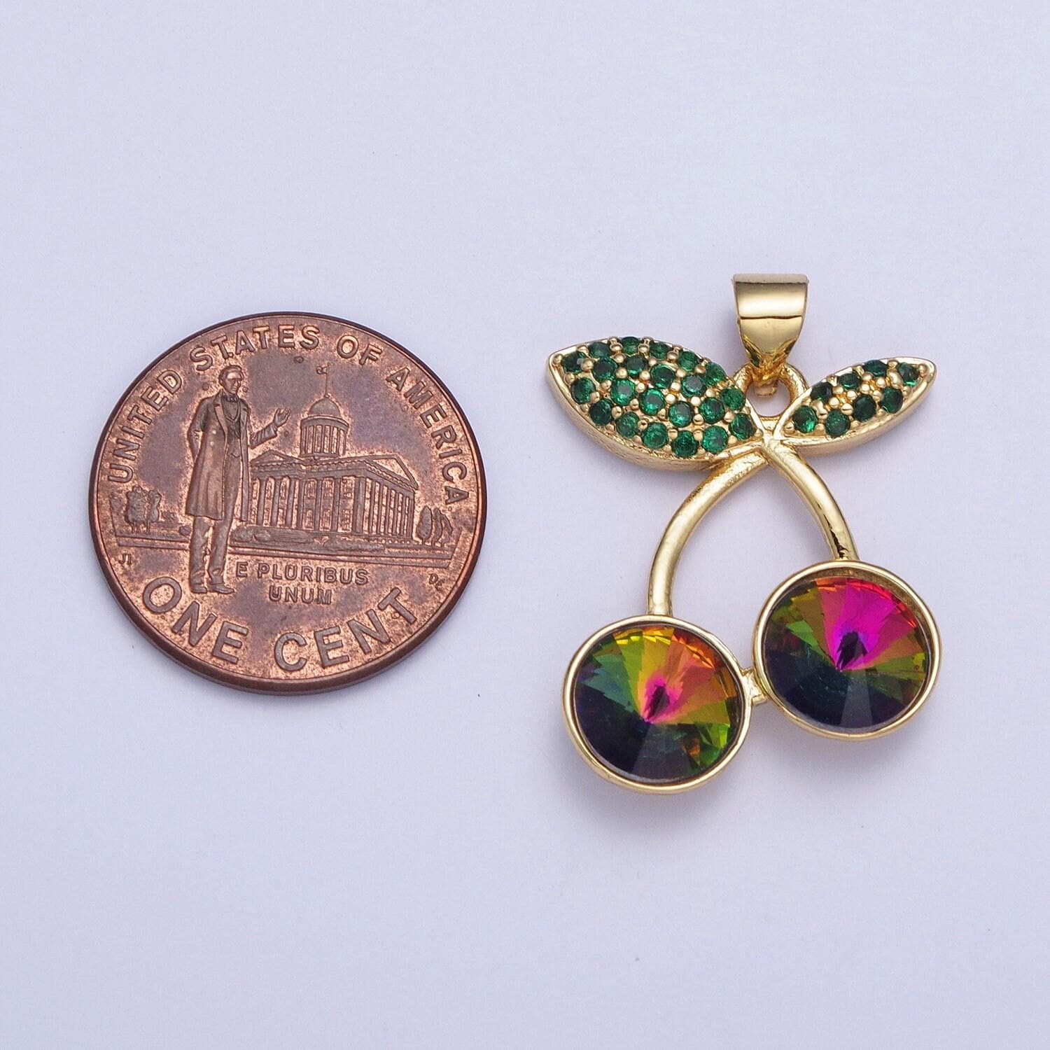 24k gold filled cherry pendant micro cubic zirconia cz pave stones, multicolor fruit charm for diy jewelry making | x-409~x-414, x-530