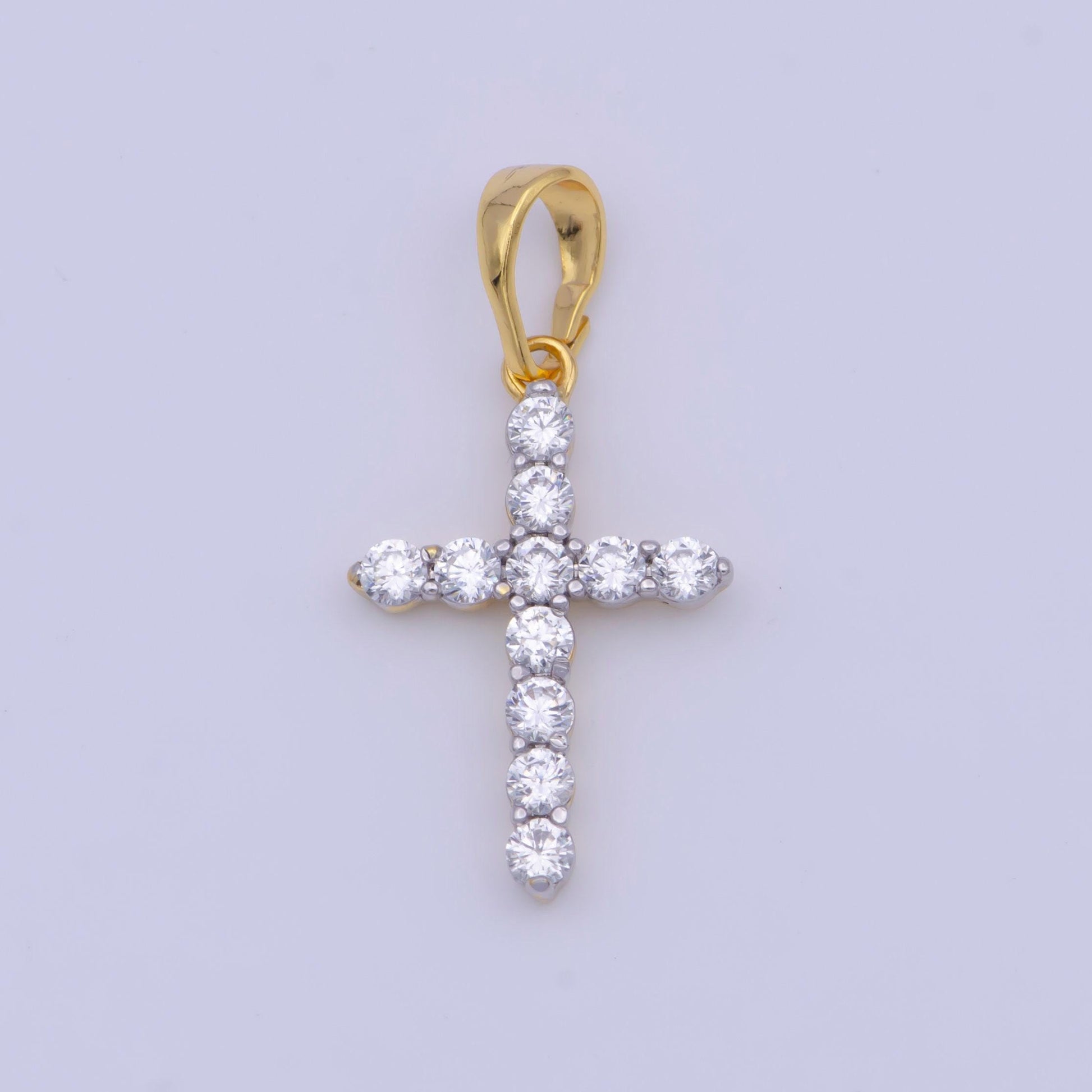 Gold/silver mix cross charms, 24k gold filled micro paved clear cz religious cross pendant | x-527