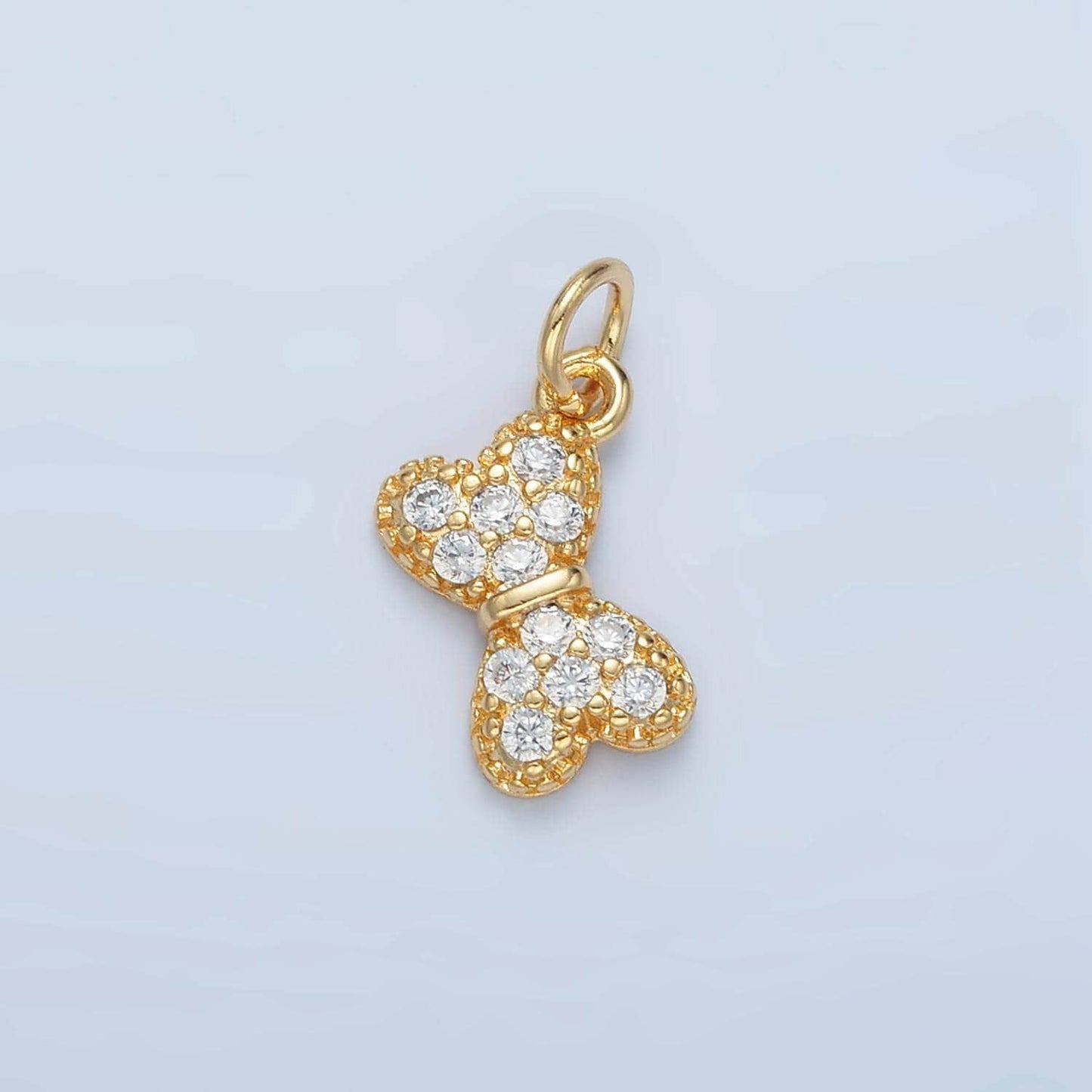 Tiny kids shaped bow, micro paved cz and gold filled ribbon charm | x-509