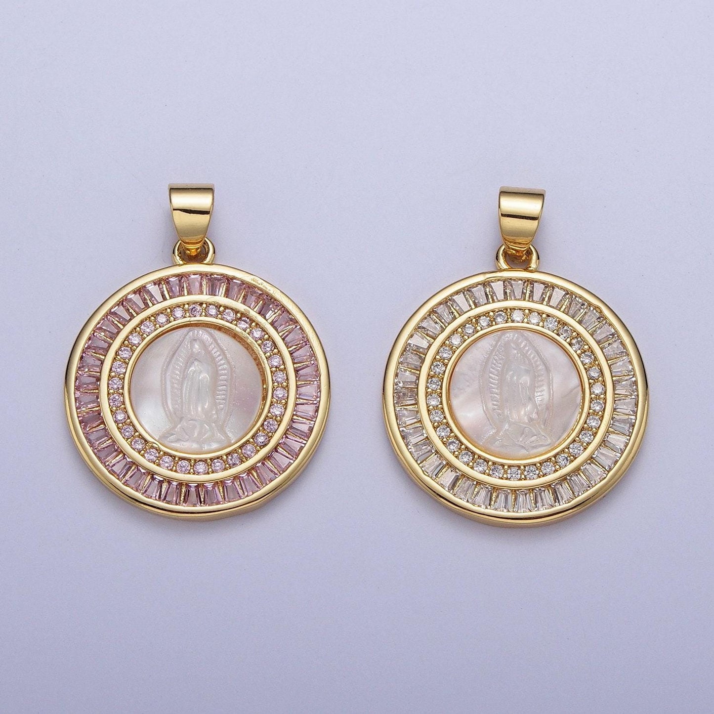 Virgin mary medallion pearl charms, 24k gold plated our lady of guadalupe pearl coin pendant w. micro pave cz baguette stones | x-507, x-508
