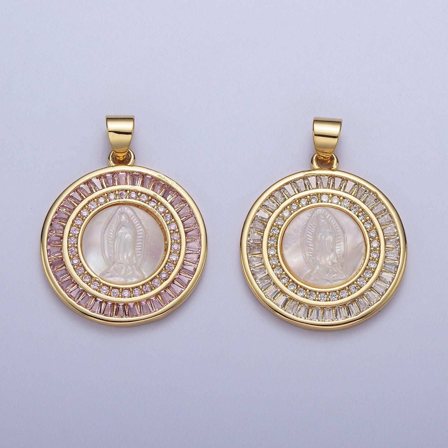 Virgin mary medallion pearl charms, 24k gold plated our lady of guadalupe pearl coin pendant w. micro pave cz baguette stones | x-507, x-508