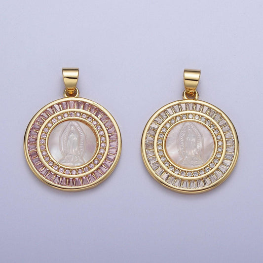 Virgin mary medallion pearl charms, 24k gold plated our lady of guadalupe pearl coin pendant w. micro pave cz baguette stones | x-507, x-508